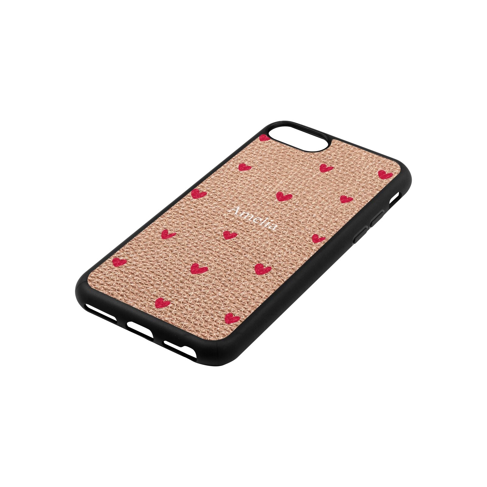 Custom Hearts Name Rose Gold Pebble Leather iPhone 8 Case Side Angle