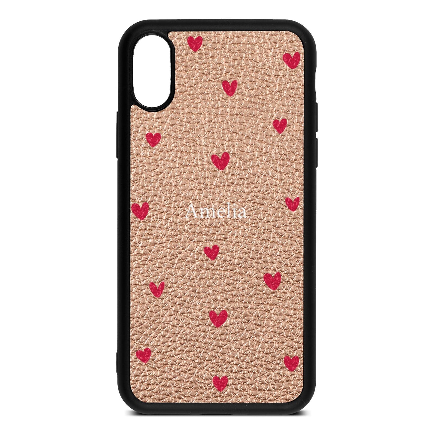 Custom Hearts Name Rose Gold Pebble Leather iPhone Xs Case