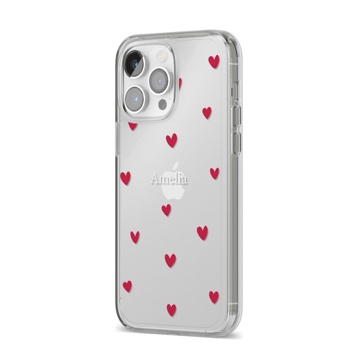 Custom Hearts Name iPhone 14 Pro Max Clear Tough Case Silver Angled Image