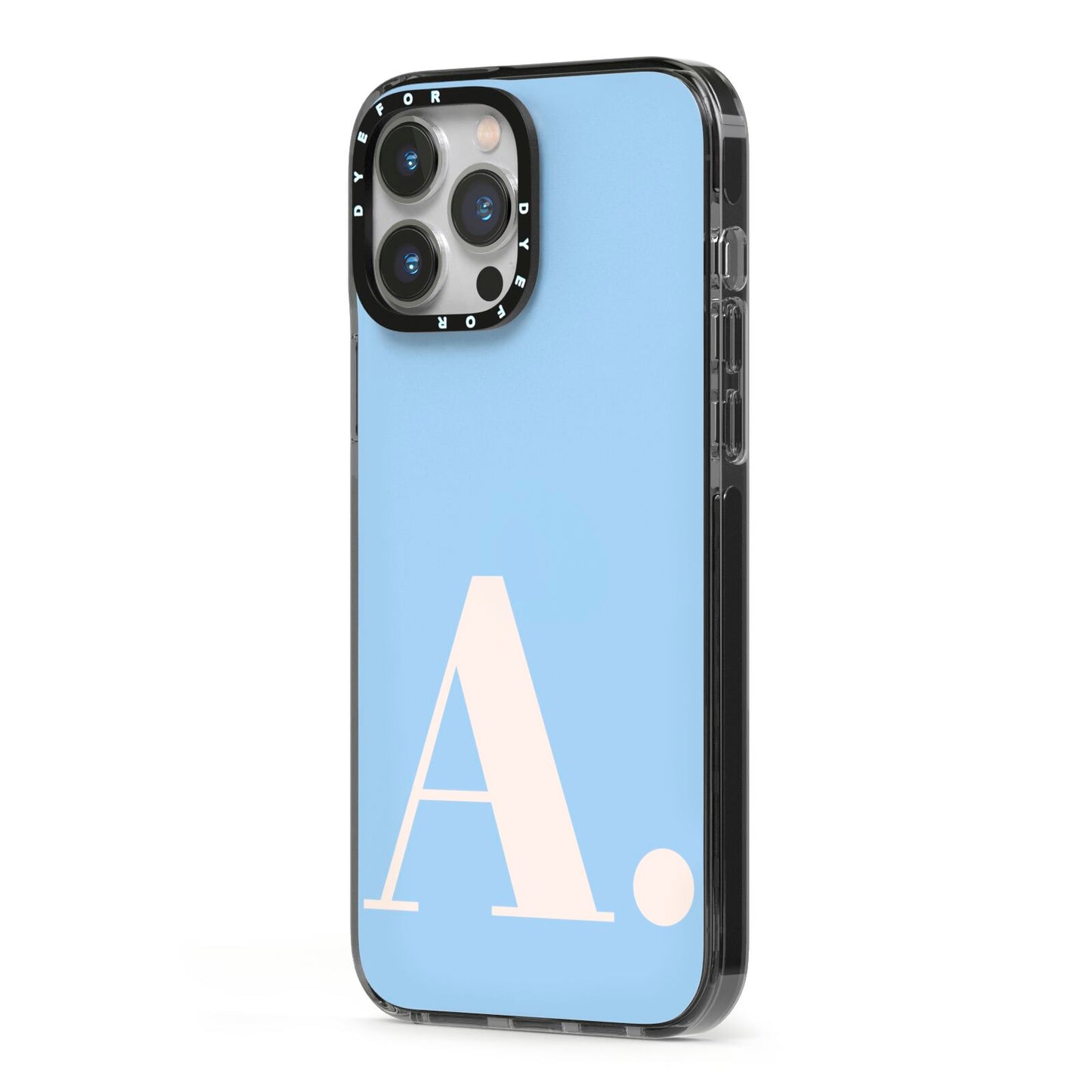 Custom Initial iPhone 13 Pro Max Black Impact Case Side Angle on Silver phone