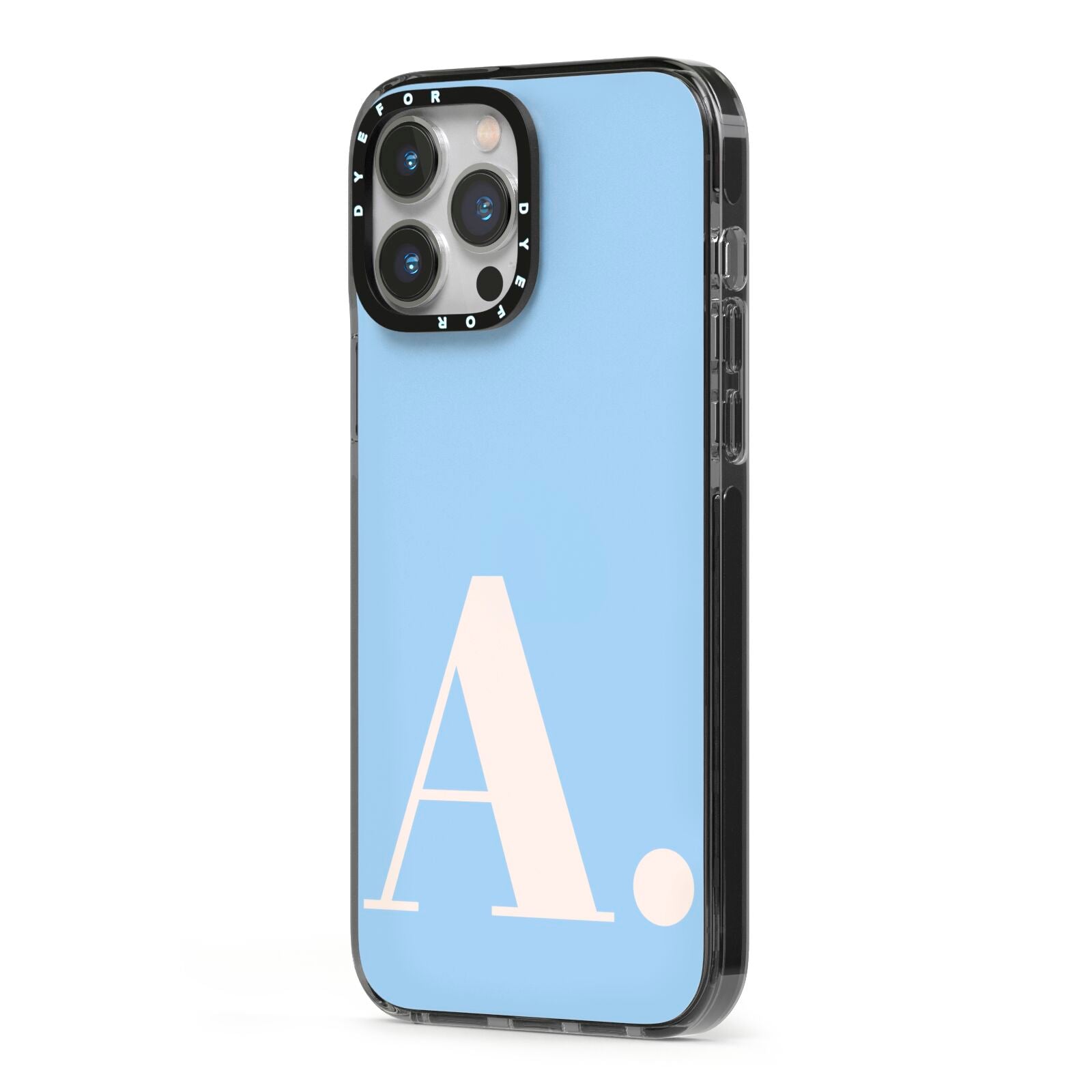 Custom Initial iPhone 13 Pro Max Black Impact Case Side Angle on Silver phone