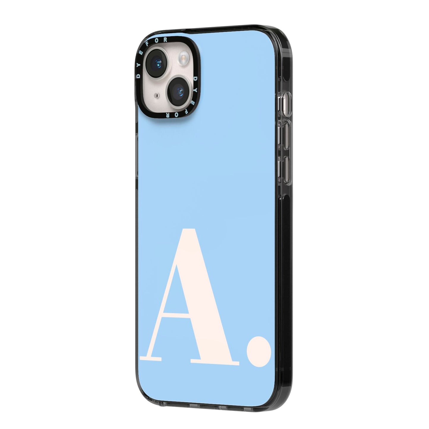 Custom Initial iPhone 14 Plus Black Impact Case Side Angle on Silver phone