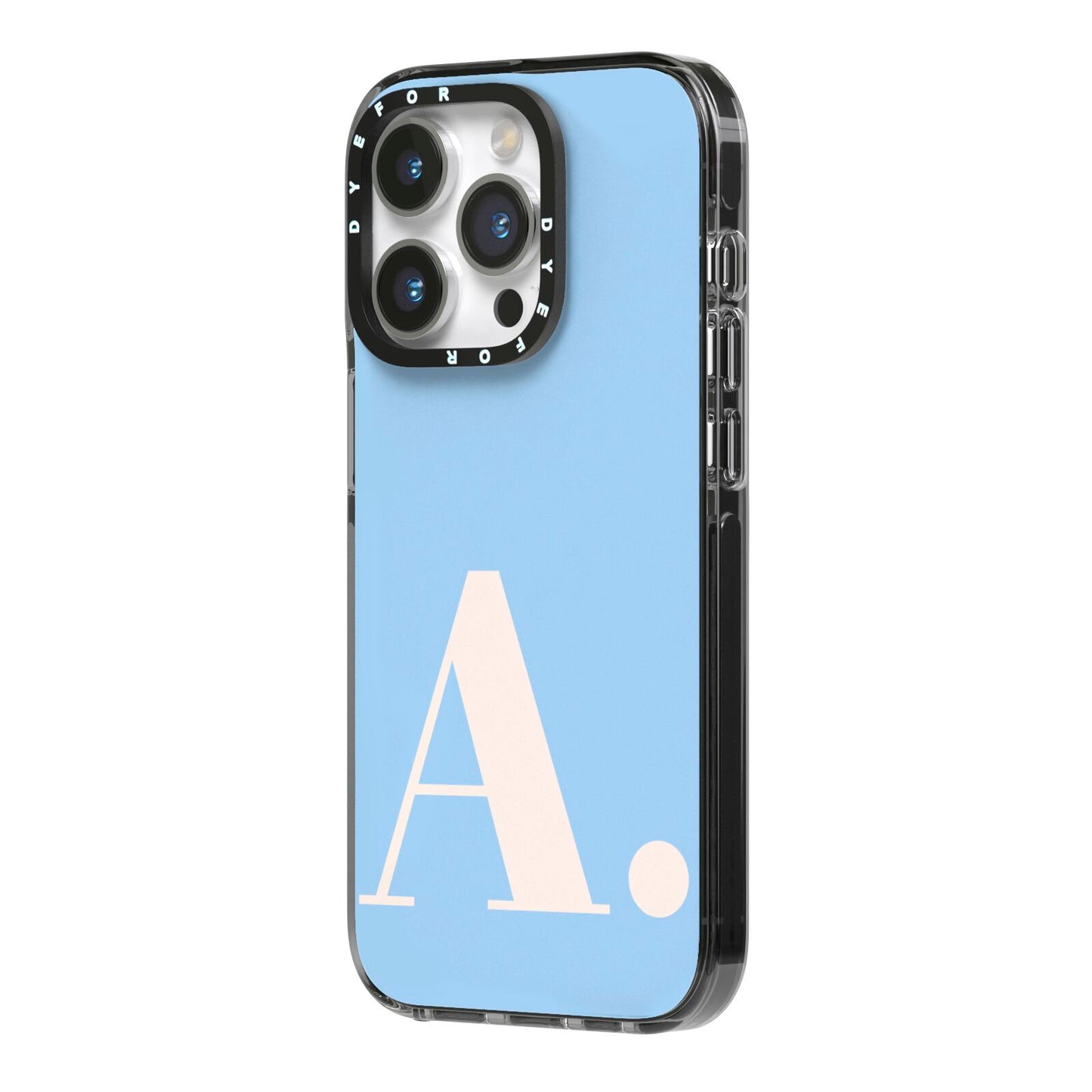 Custom Initial iPhone 14 Pro Black Impact Case Side Angle on Silver phone