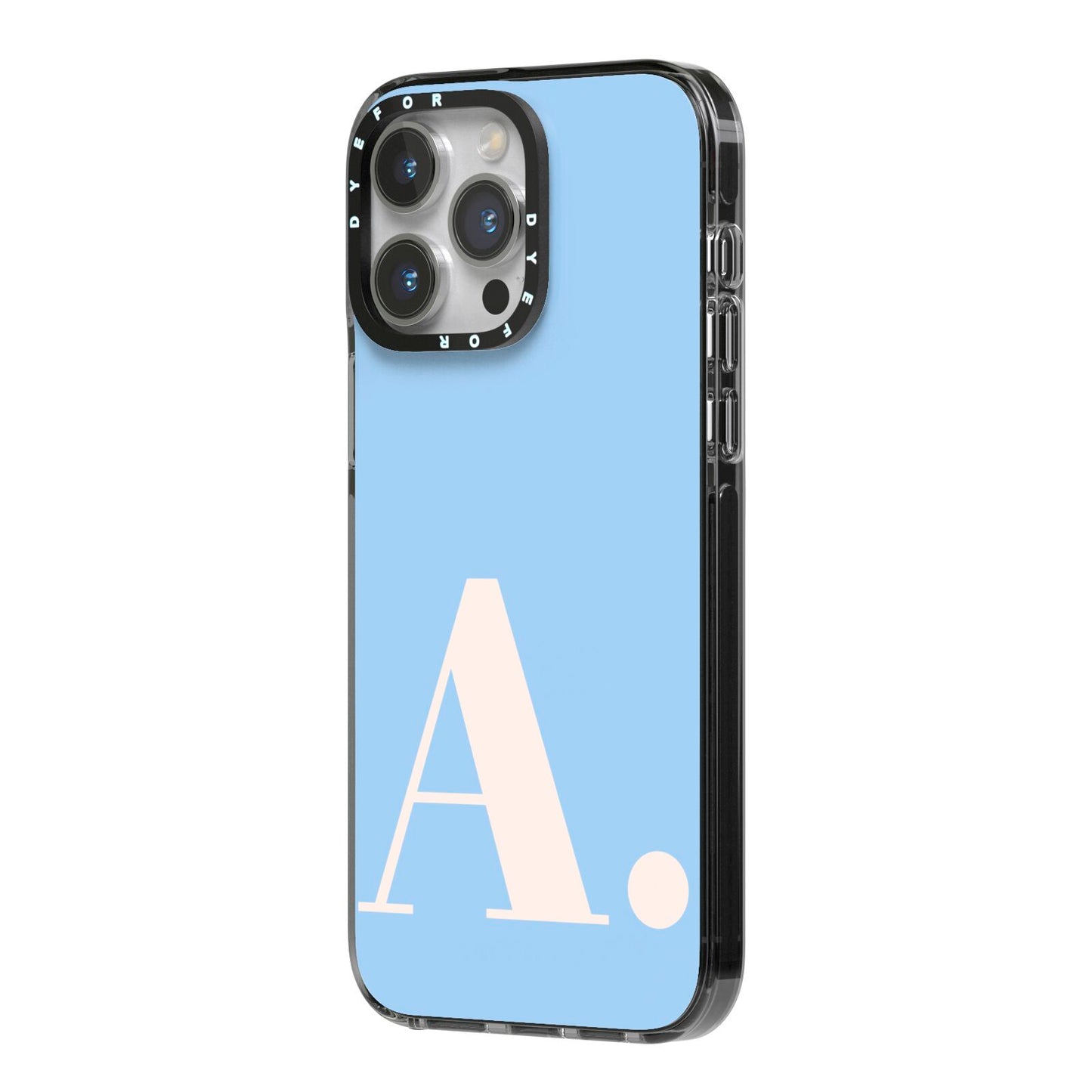 Custom Initial iPhone 14 Pro Max Black Impact Case Side Angle on Silver phone