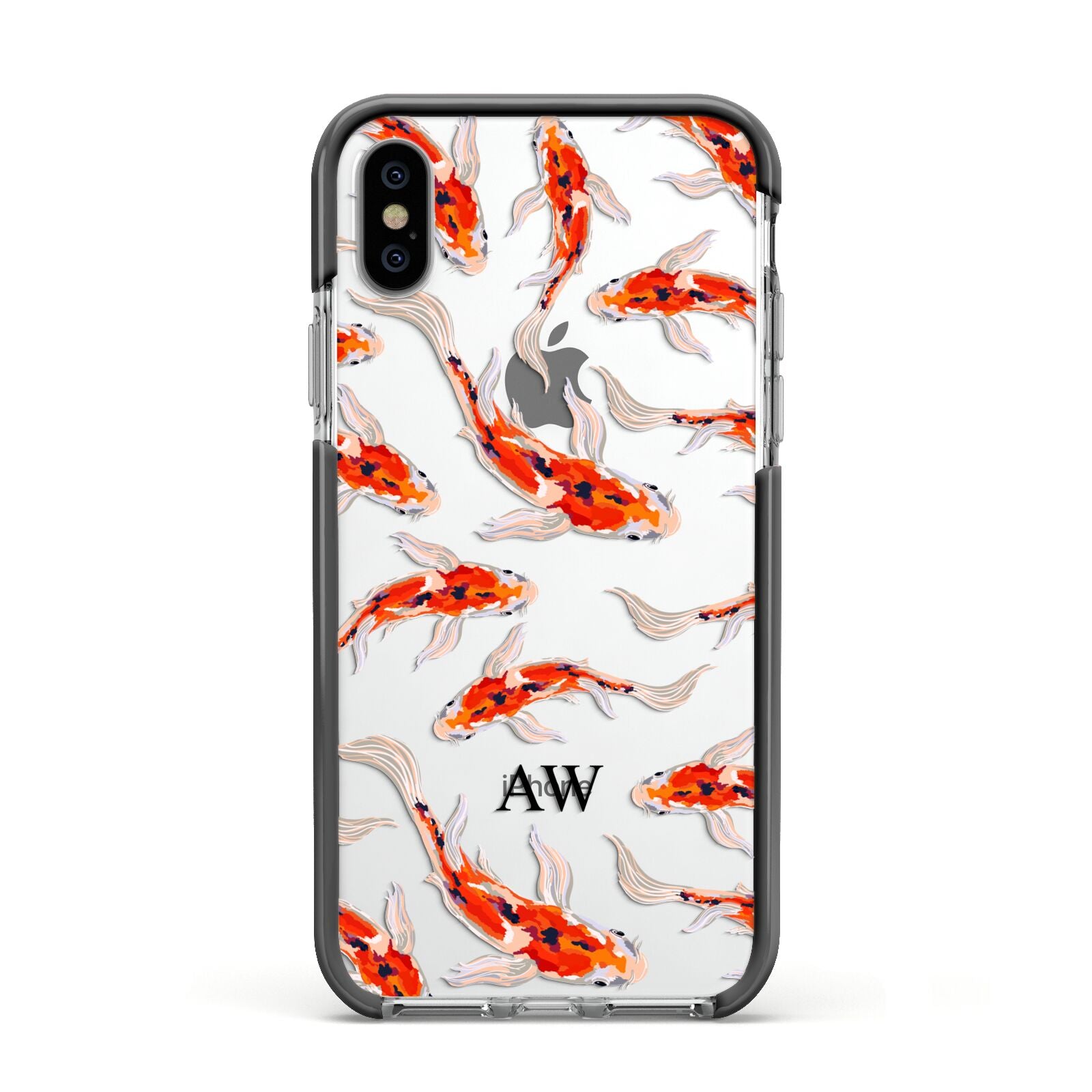 Custom Koi Fish Apple iPhone Xs Impact Case Black Edge on Silver Phone