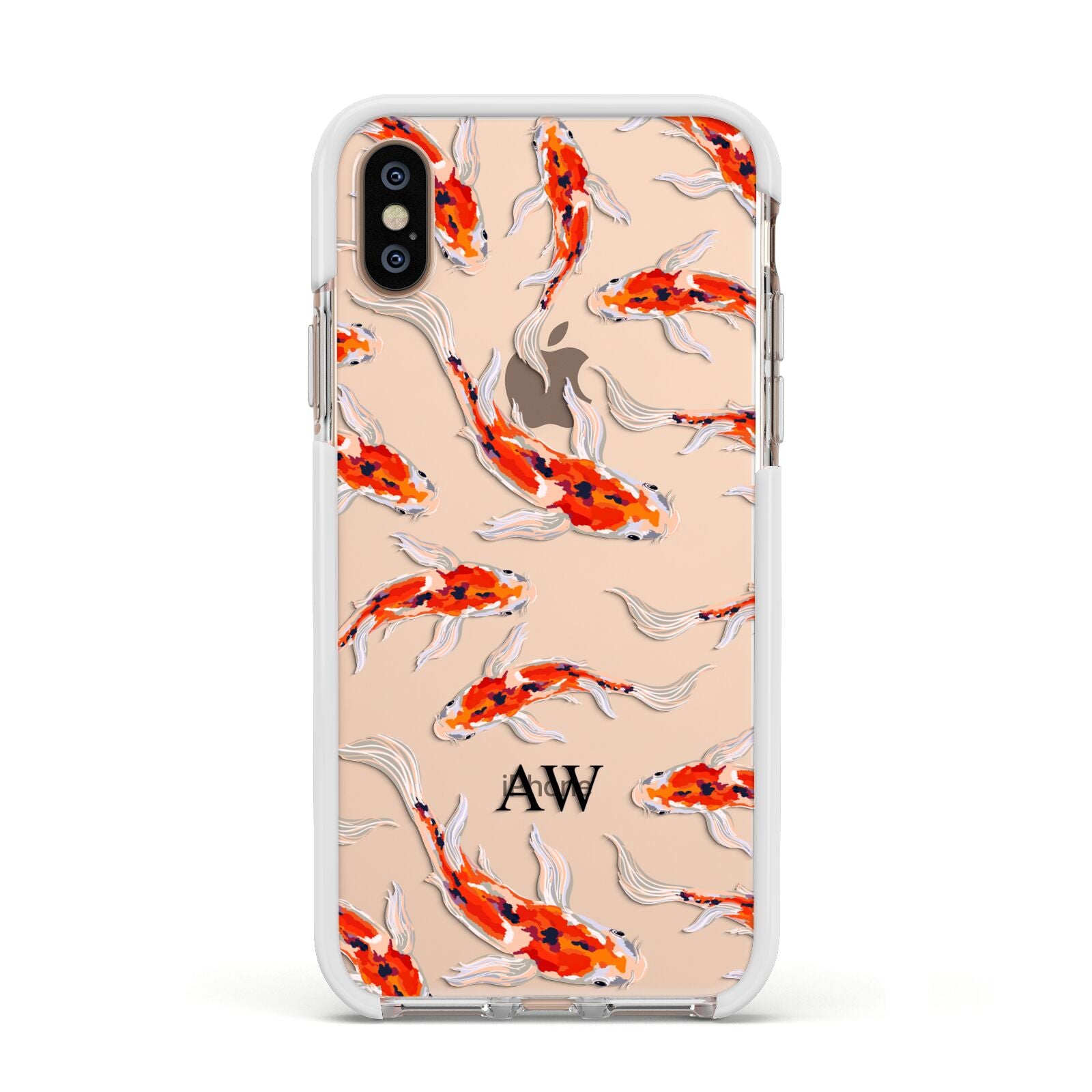 Custom Koi Fish Apple iPhone Xs Impact Case White Edge on Gold Phone
