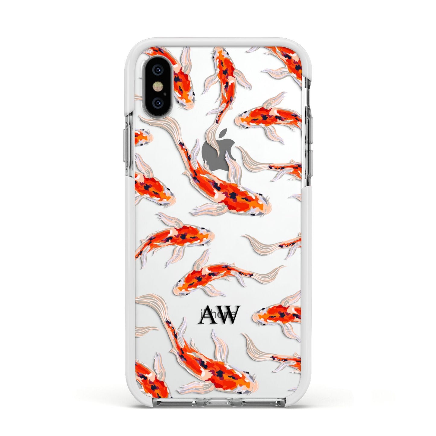 Custom Koi Fish Apple iPhone Xs Impact Case White Edge on Silver Phone