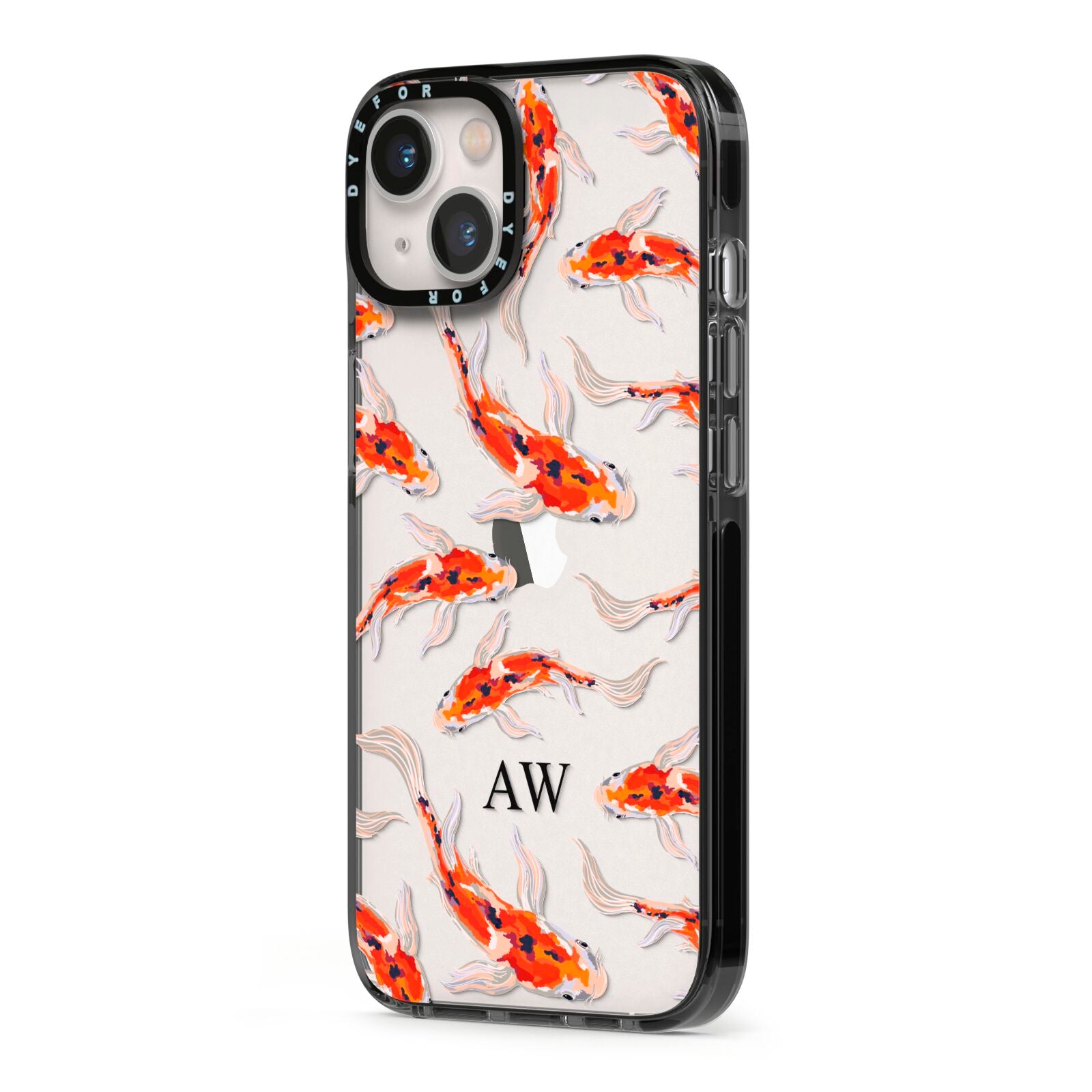 Custom Koi Fish iPhone 13 Black Impact Case Side Angle on Silver phone