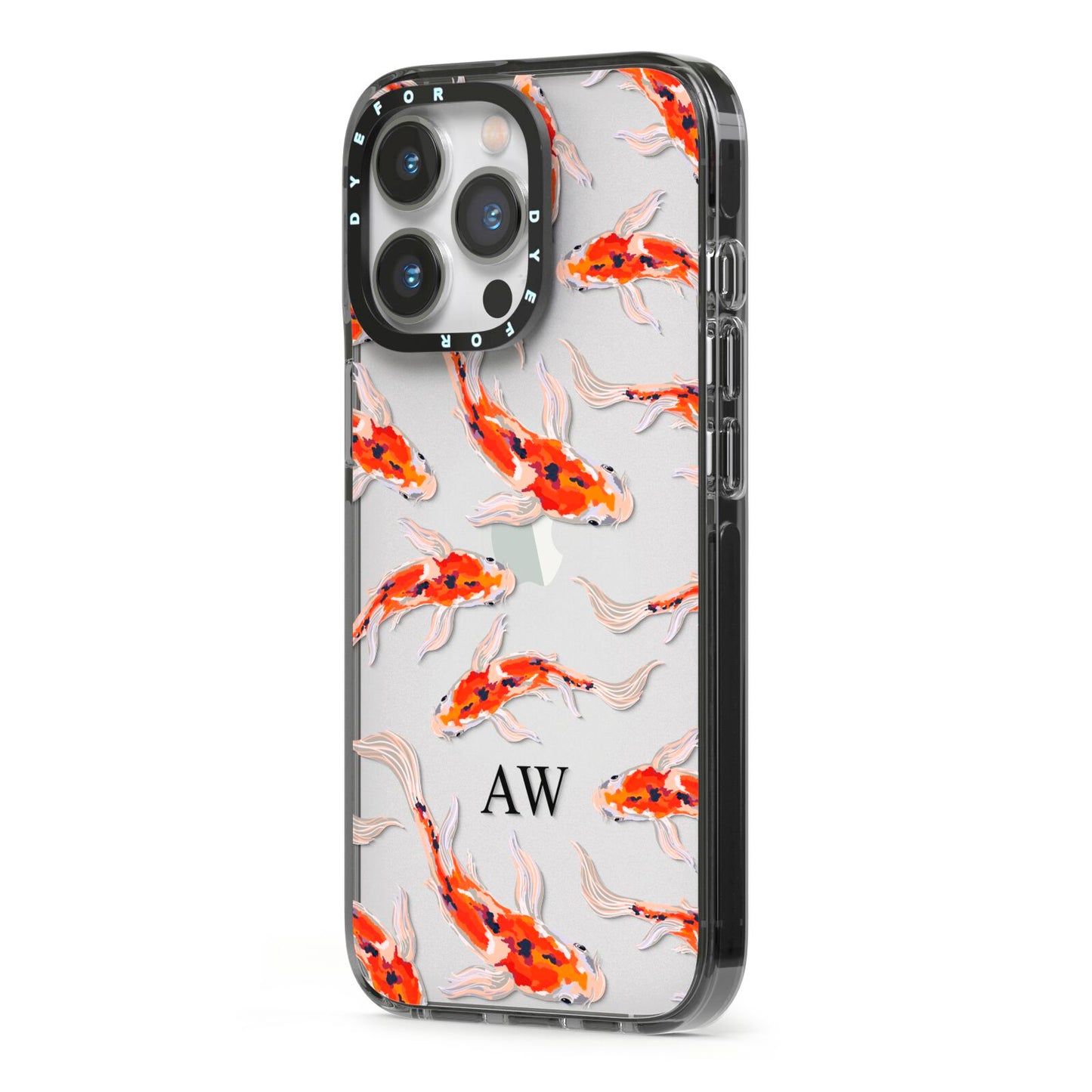 Custom Koi Fish iPhone 13 Pro Black Impact Case Side Angle on Silver phone
