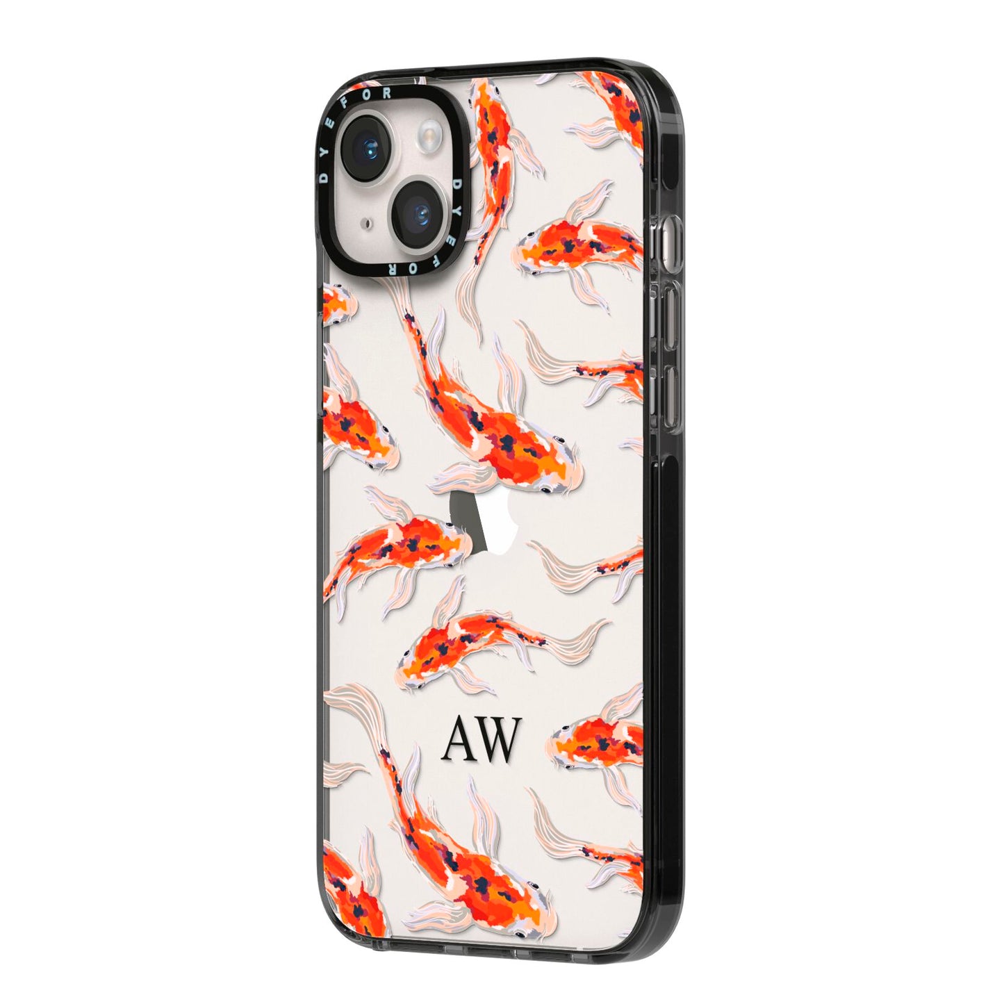 Custom Koi Fish iPhone 14 Plus Black Impact Case Side Angle on Silver phone