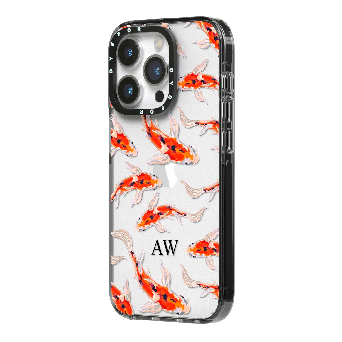 Custom Koi Fish iPhone 14 Pro Black Impact Case Side Angle on Silver phone
