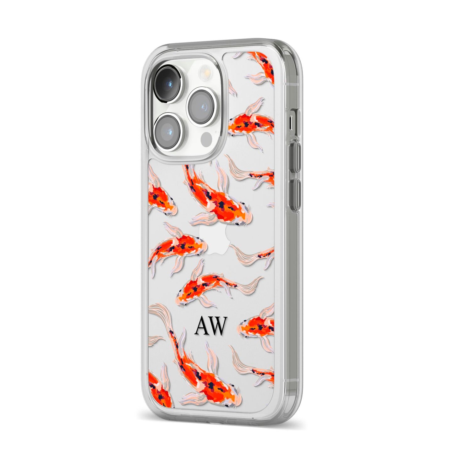 Custom Koi Fish iPhone 14 Pro Clear Tough Case Silver Angled Image
