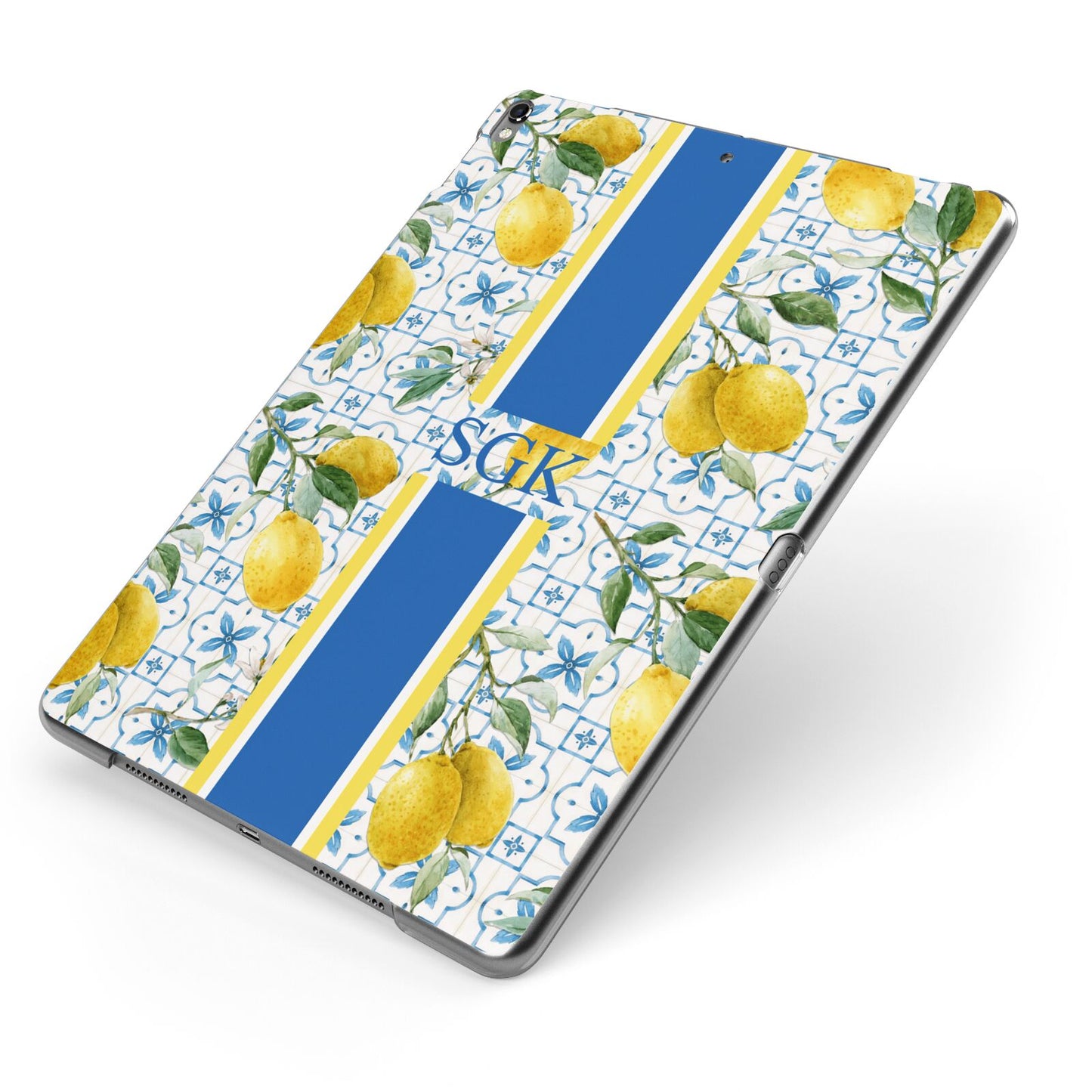 Custom Lemon Apple iPad Case on Grey iPad Side View