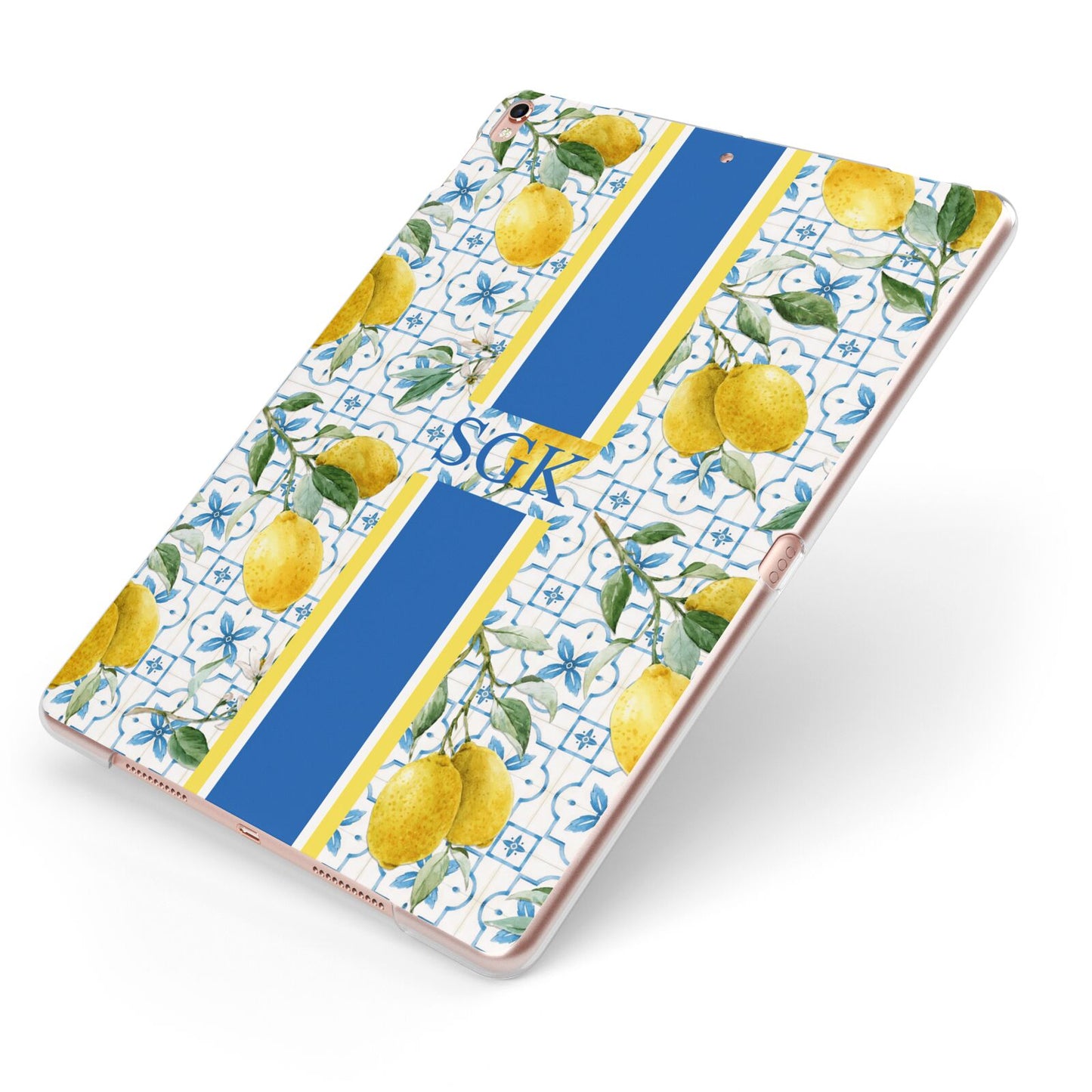Custom Lemon Apple iPad Case on Rose Gold iPad Side View