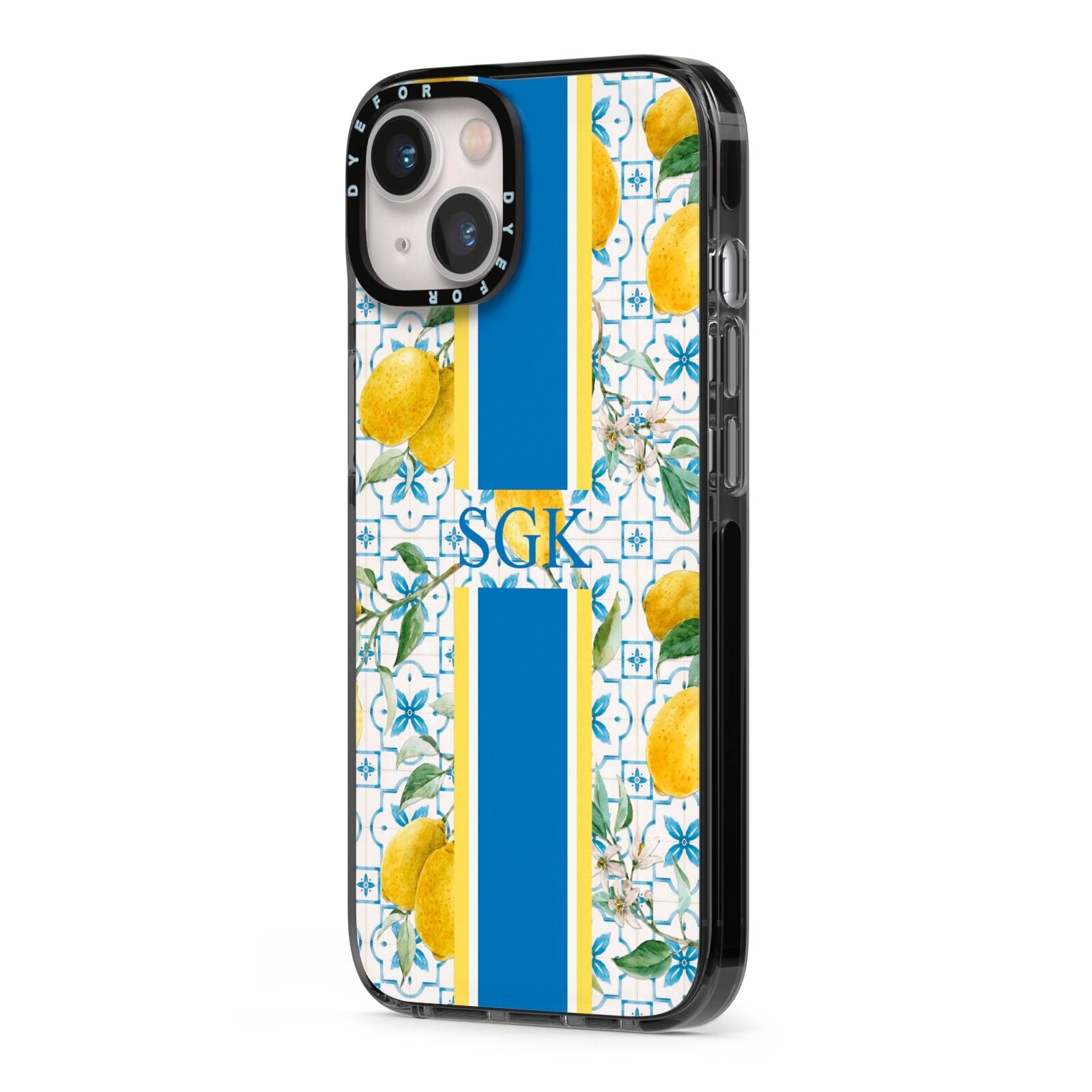 Custom Lemon iPhone 13 Black Impact Case Side Angle on Silver phone