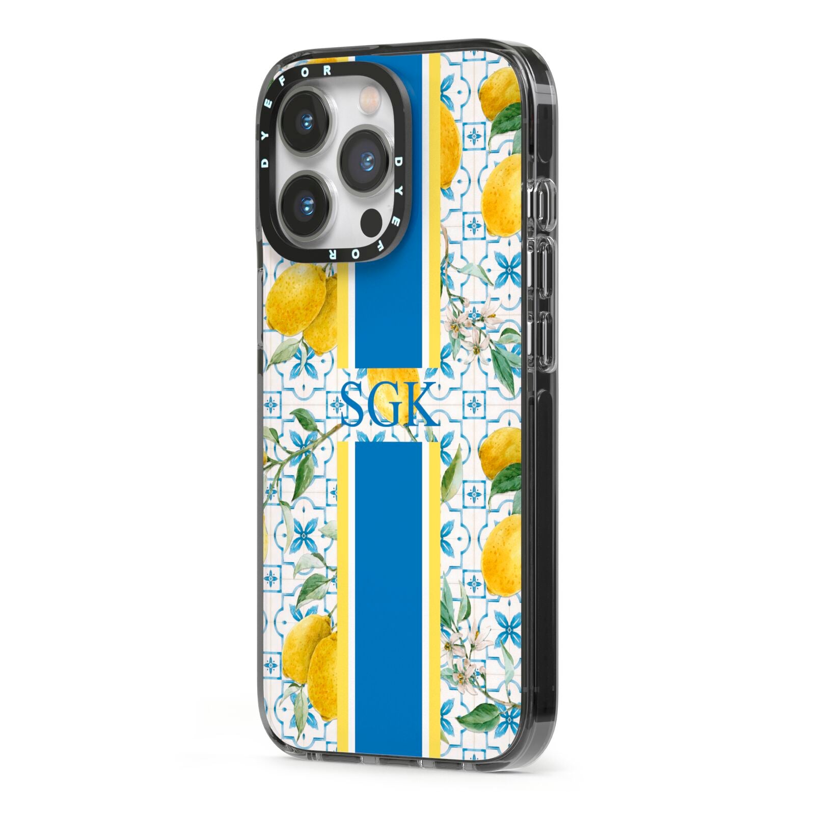 Custom Lemon iPhone 13 Pro Black Impact Case Side Angle on Silver phone