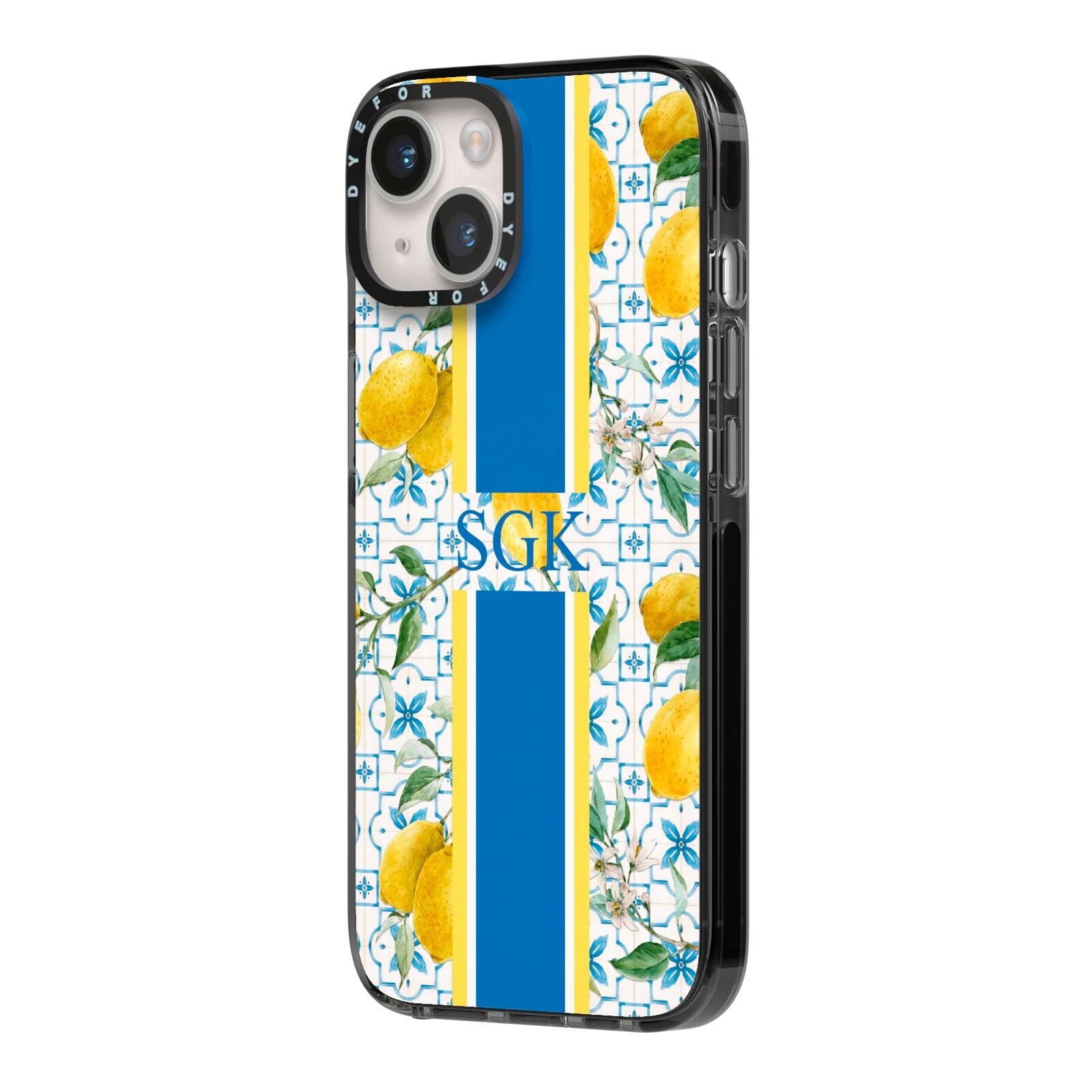 Custom Lemon iPhone 14 Black Impact Case Side Angle on Silver phone