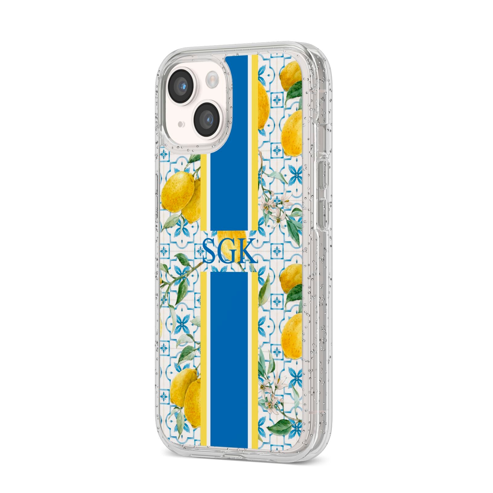 Custom Lemon iPhone 14 Glitter Tough Case Starlight Angled Image