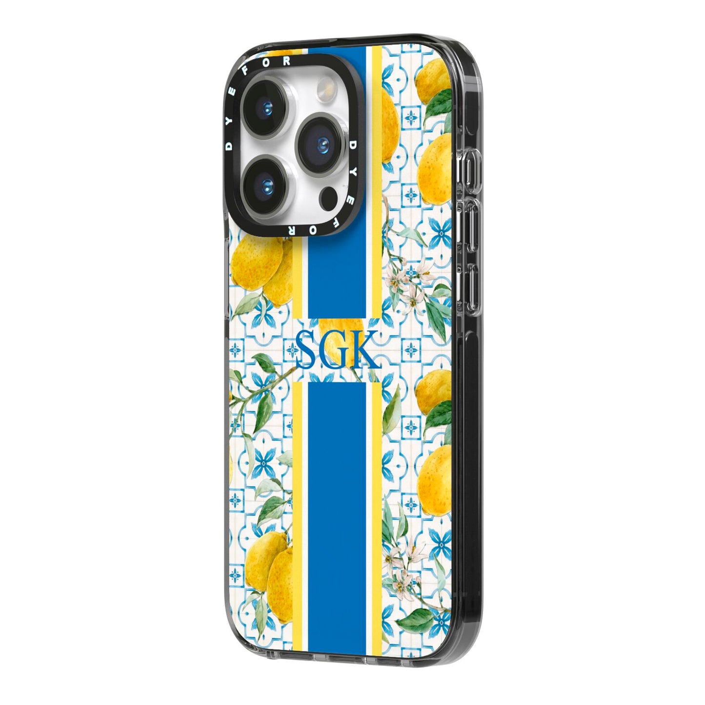 Custom Lemon iPhone 14 Pro Black Impact Case Side Angle on Silver phone