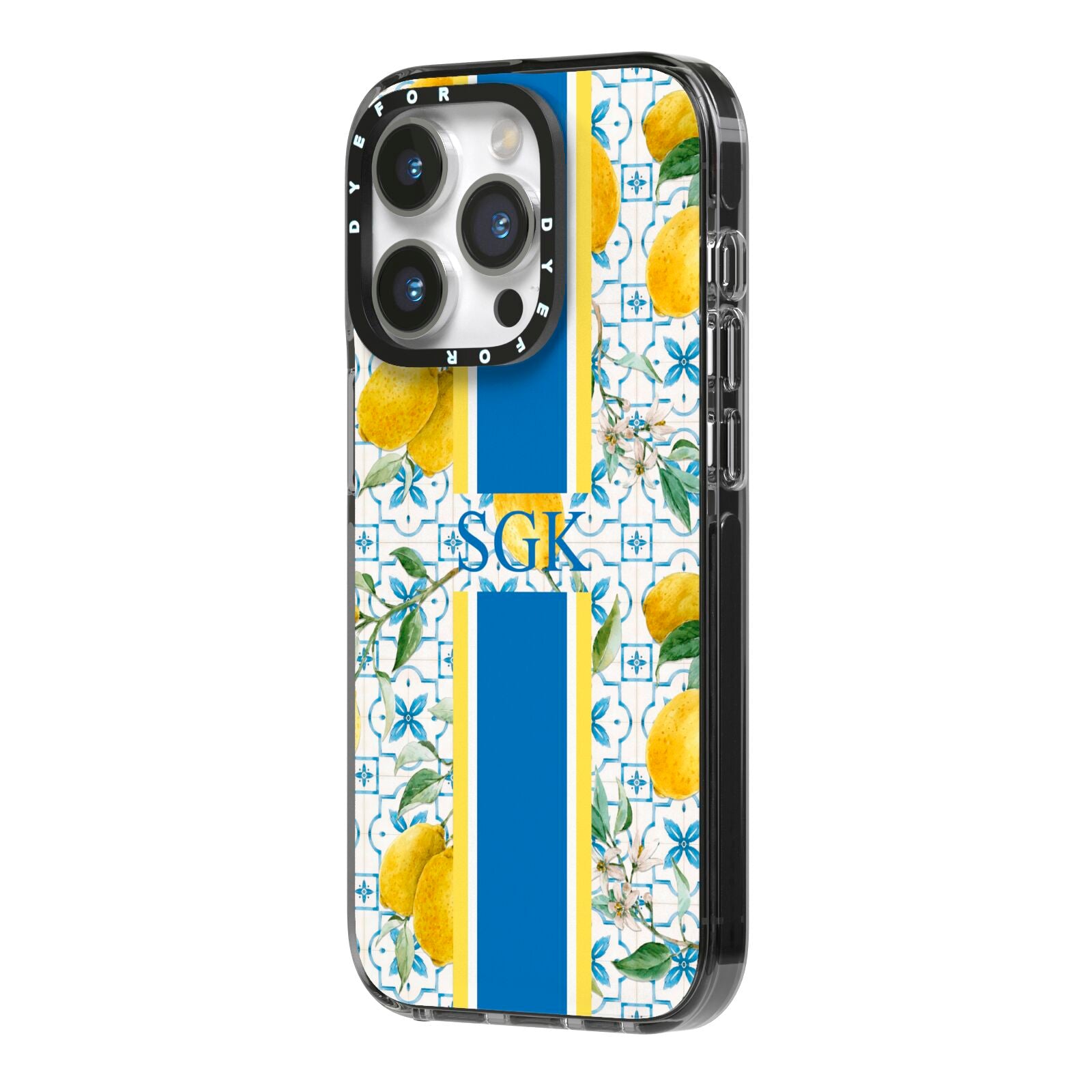 Custom Lemon iPhone 14 Pro Black Impact Case Side Angle on Silver phone