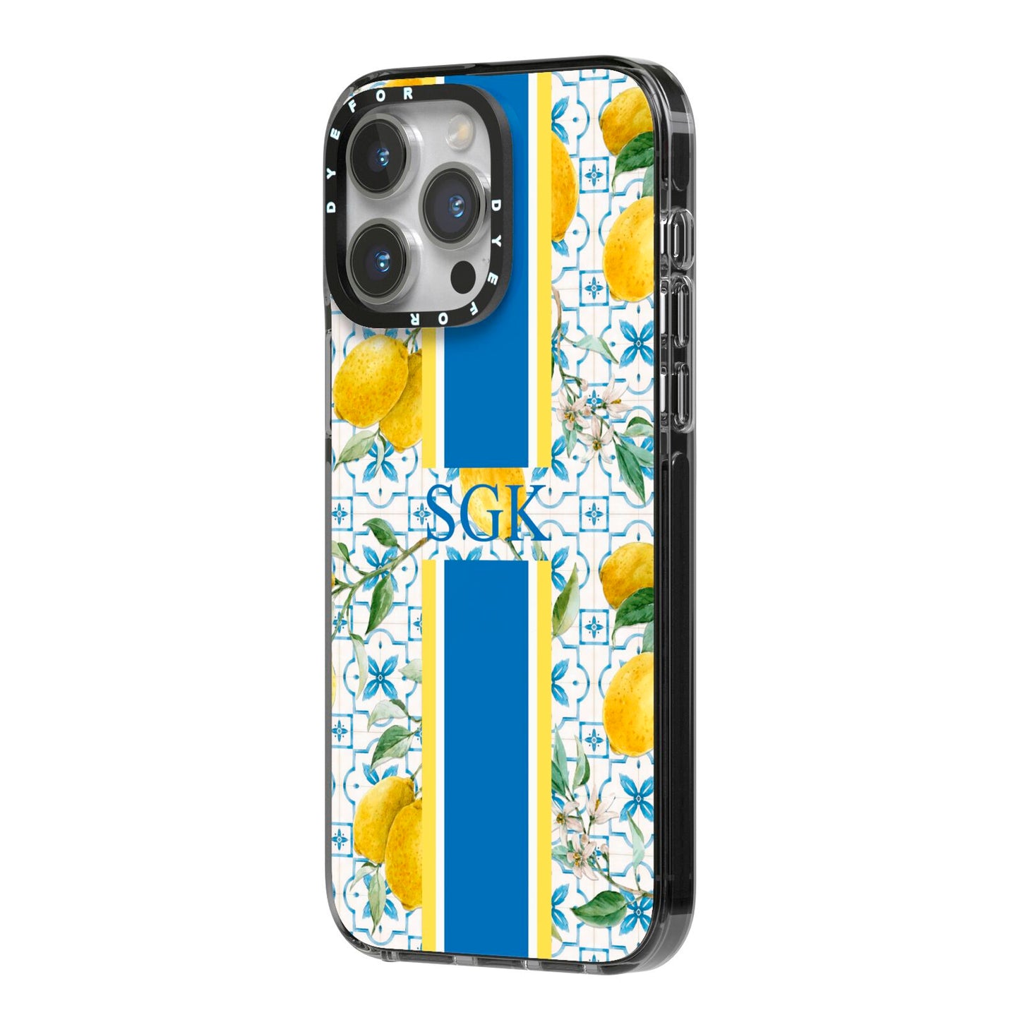 Custom Lemon iPhone 14 Pro Max Black Impact Case Side Angle on Silver phone