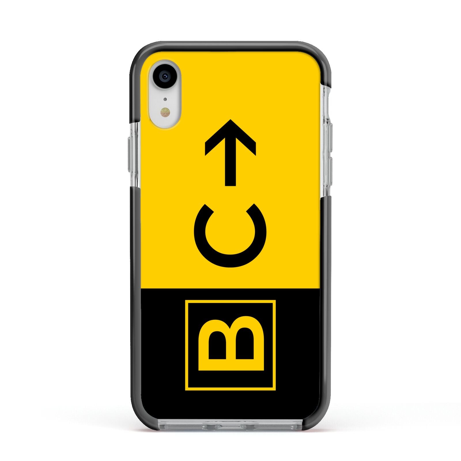Custom Location Direction Airport Sign Apple iPhone XR Impact Case Black Edge on Silver Phone