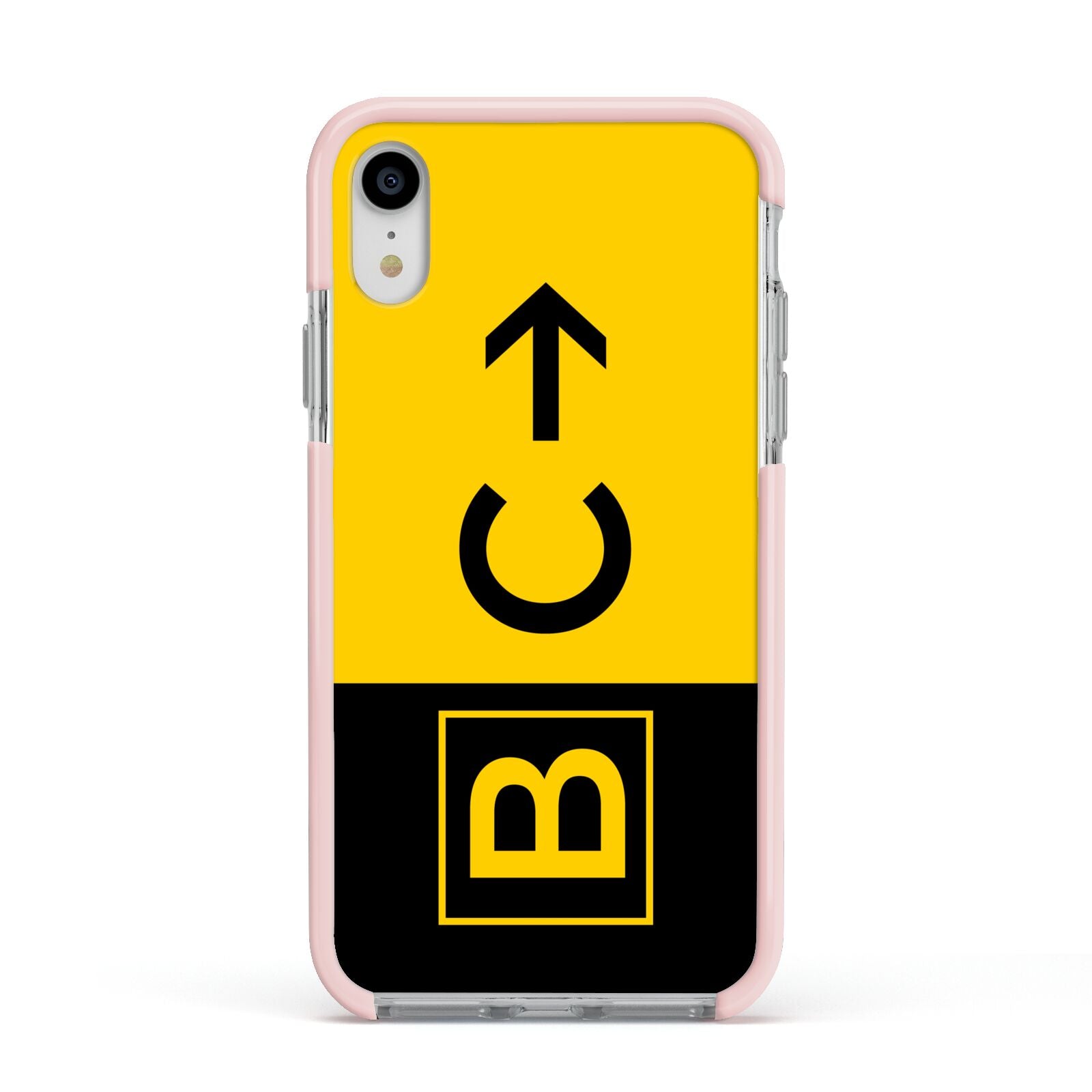 Custom Location Direction Airport Sign Apple iPhone XR Impact Case Pink Edge on Silver Phone
