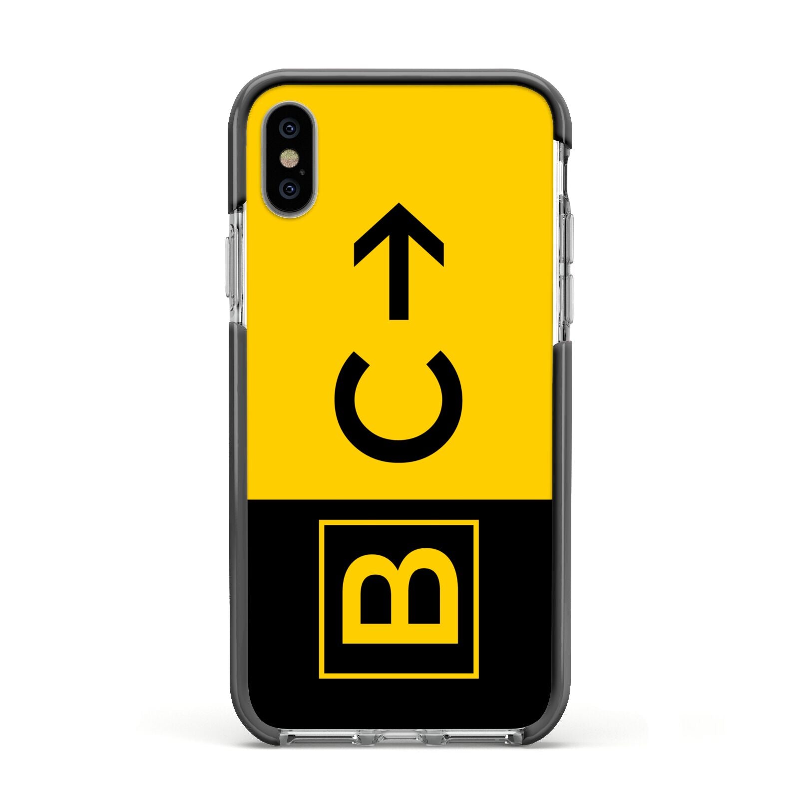 Custom Location Direction Airport Sign Apple iPhone Xs Impact Case Black Edge on Silver Phone