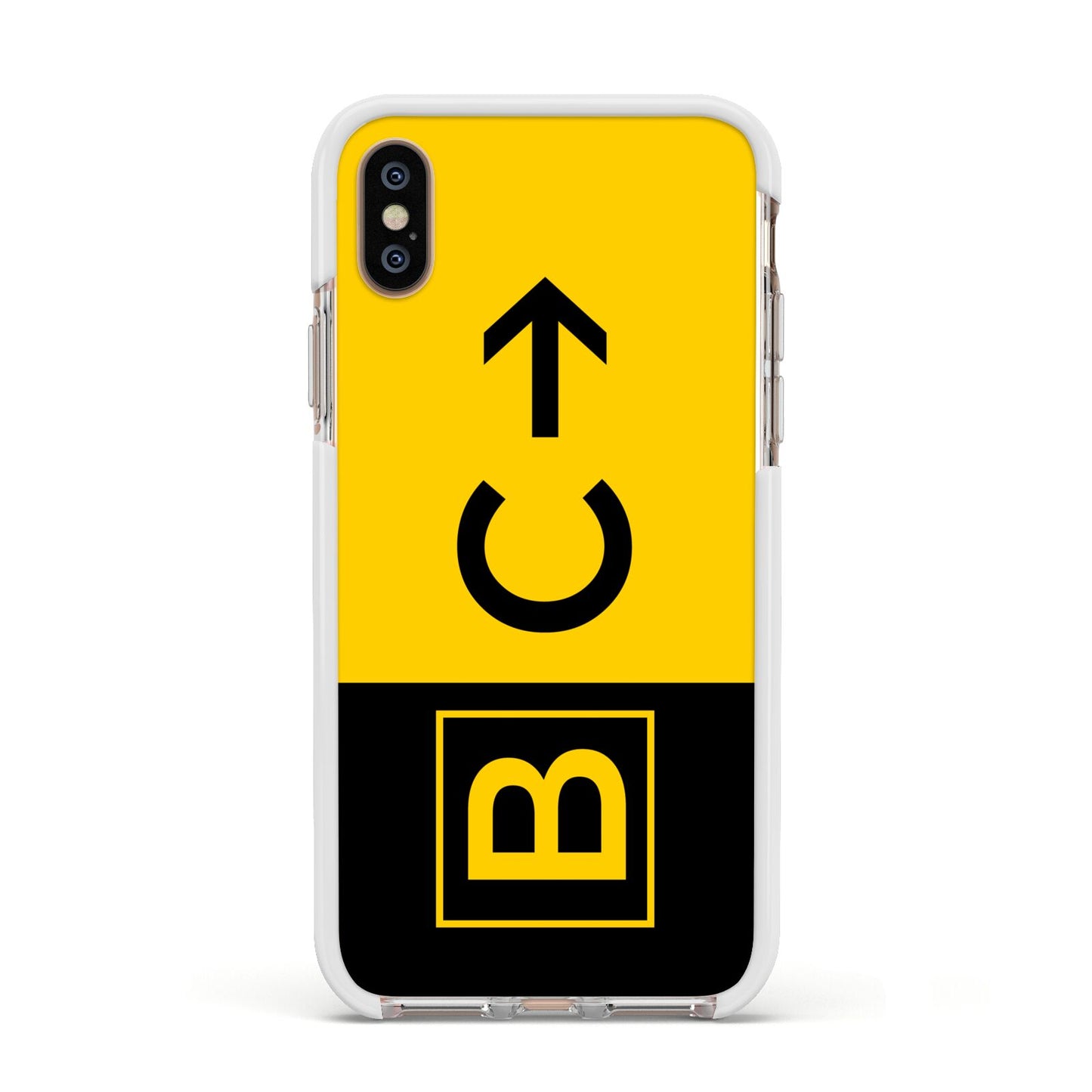 Custom Location Direction Airport Sign Apple iPhone Xs Impact Case White Edge on Gold Phone