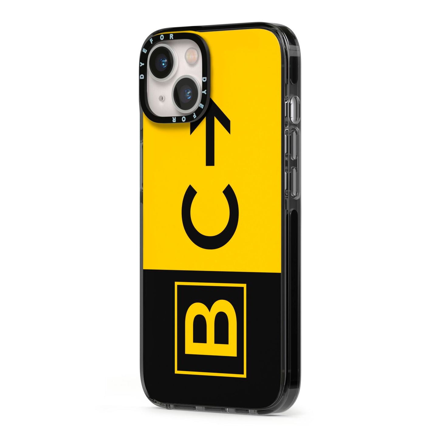 Custom Location Direction Airport Sign iPhone 13 Black Impact Case Side Angle on Silver phone