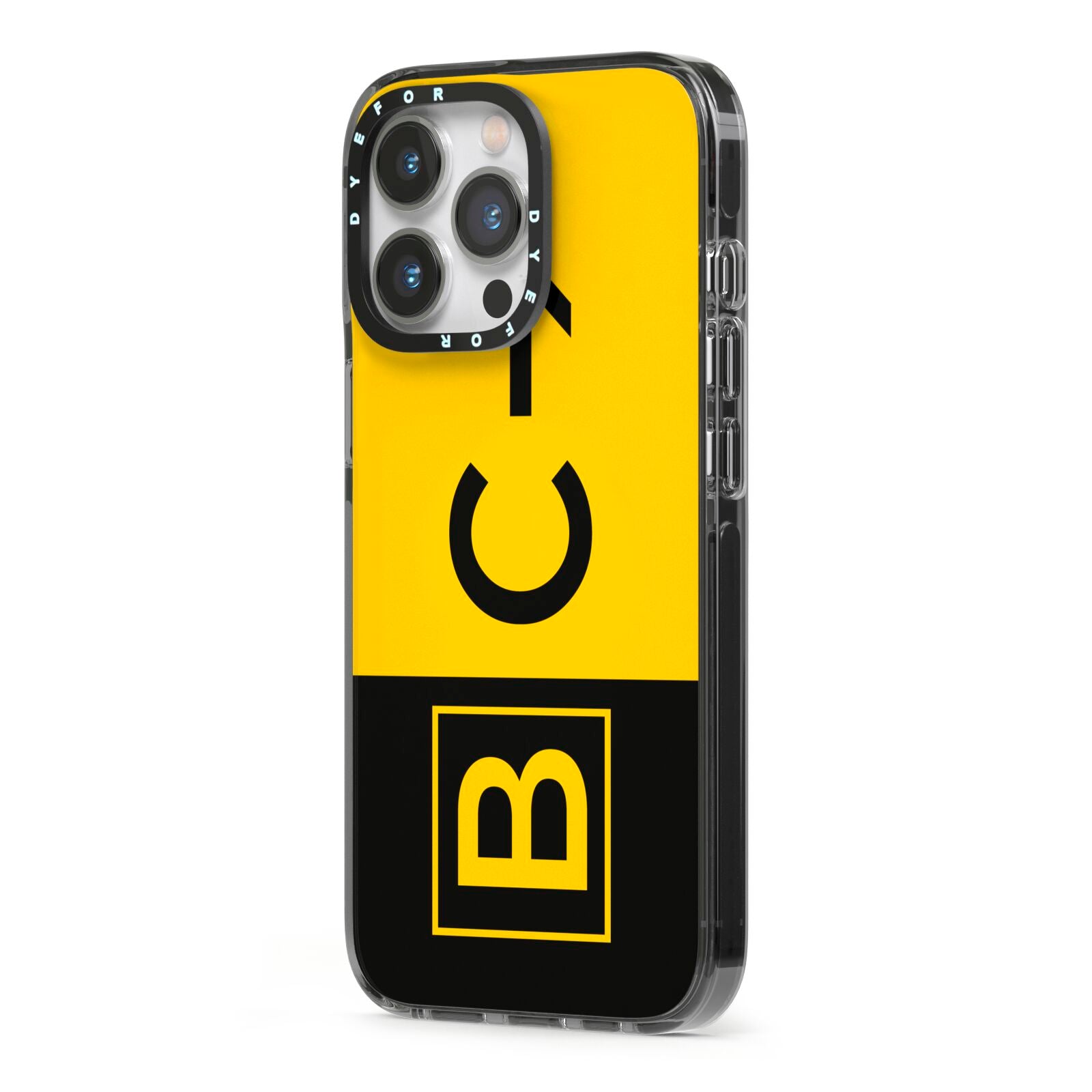 Custom Location Direction Airport Sign iPhone 13 Pro Black Impact Case Side Angle on Silver phone