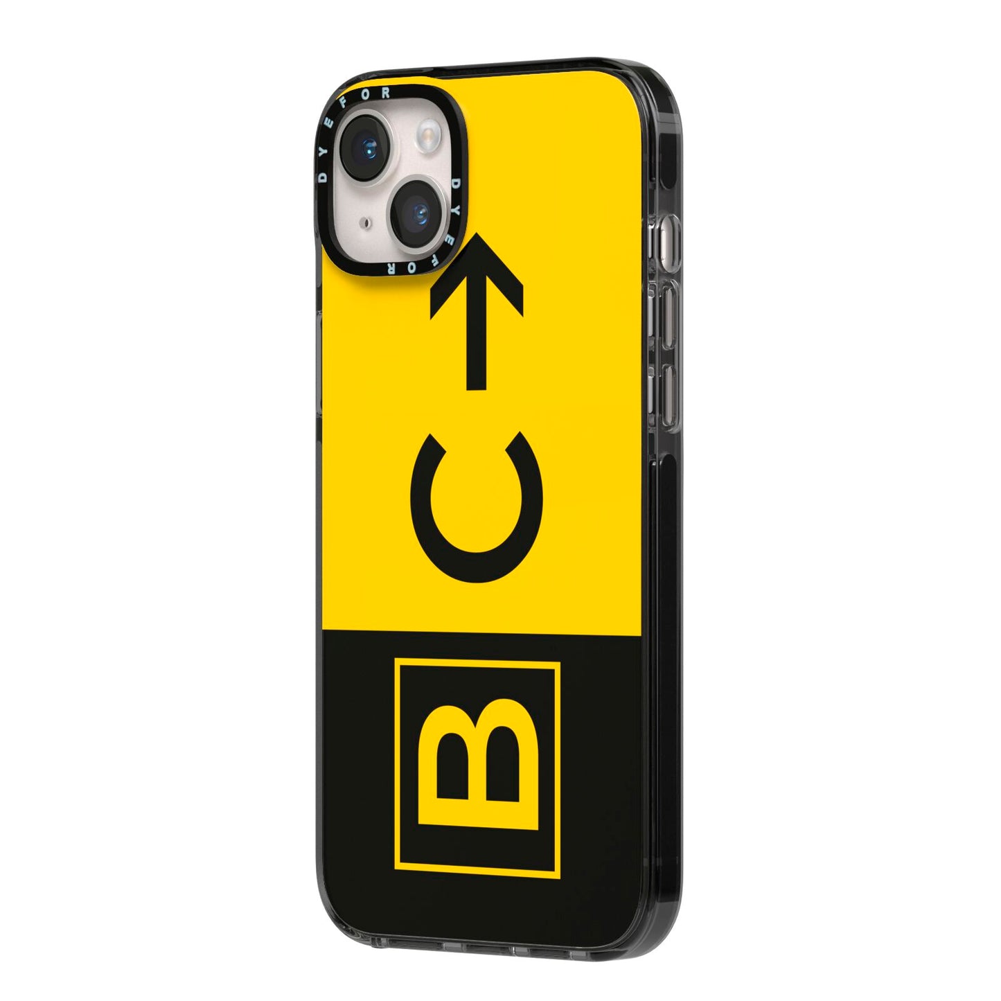Custom Location Direction Airport Sign iPhone 14 Plus Black Impact Case Side Angle on Silver phone