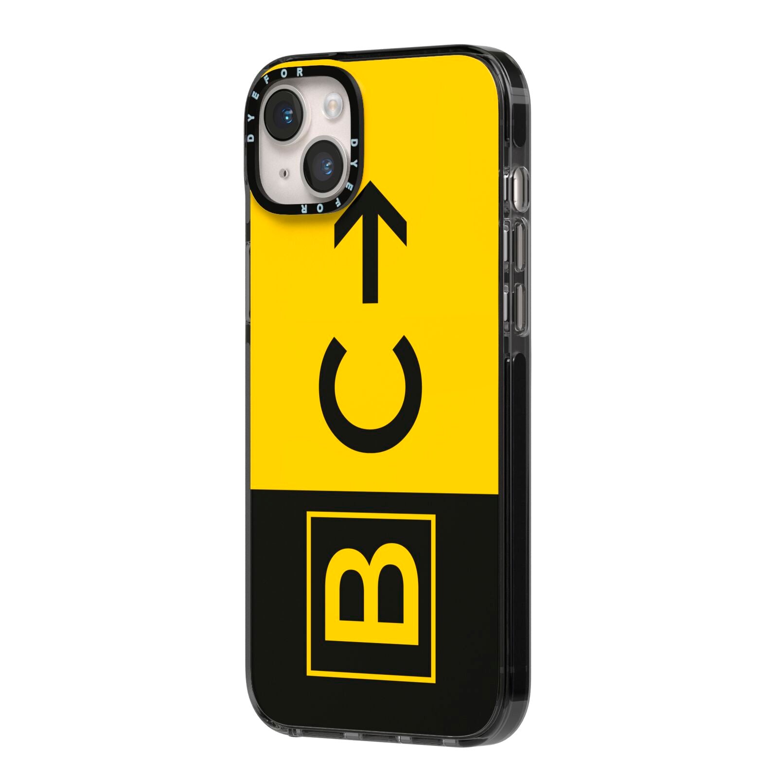 Custom Location Direction Airport Sign iPhone 14 Plus Black Impact Case Side Angle on Silver phone