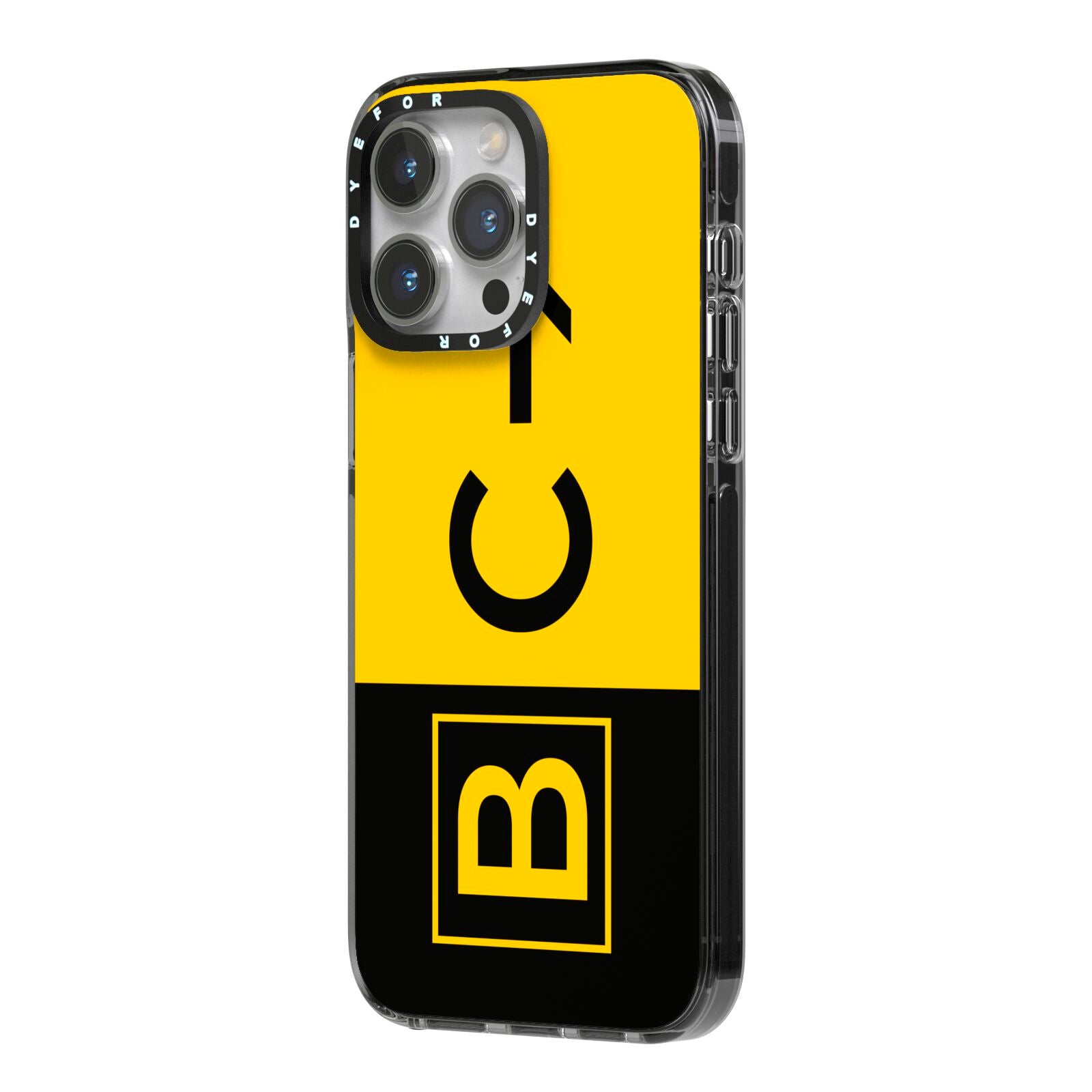 Custom Location Direction Airport Sign iPhone 14 Pro Max Black Impact Case Side Angle on Silver phone