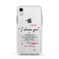 Custom Love Letter Apple iPhone XR Impact Case White Edge on Silver Phone