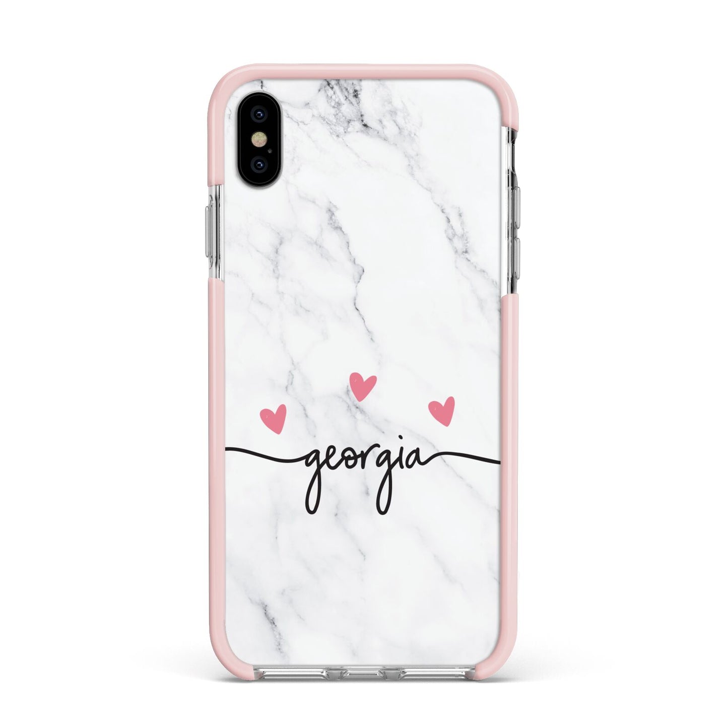 Custom Marble with Handwriting Text Apple iPhone Xs Max Impact Case Pink Edge on Silver Phone