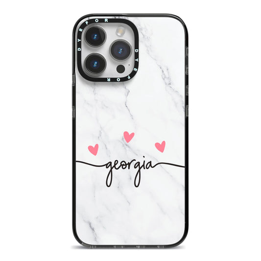 Custom Marble with Handwriting Text iPhone 14 Pro Max Black Impact Case on Silver phone