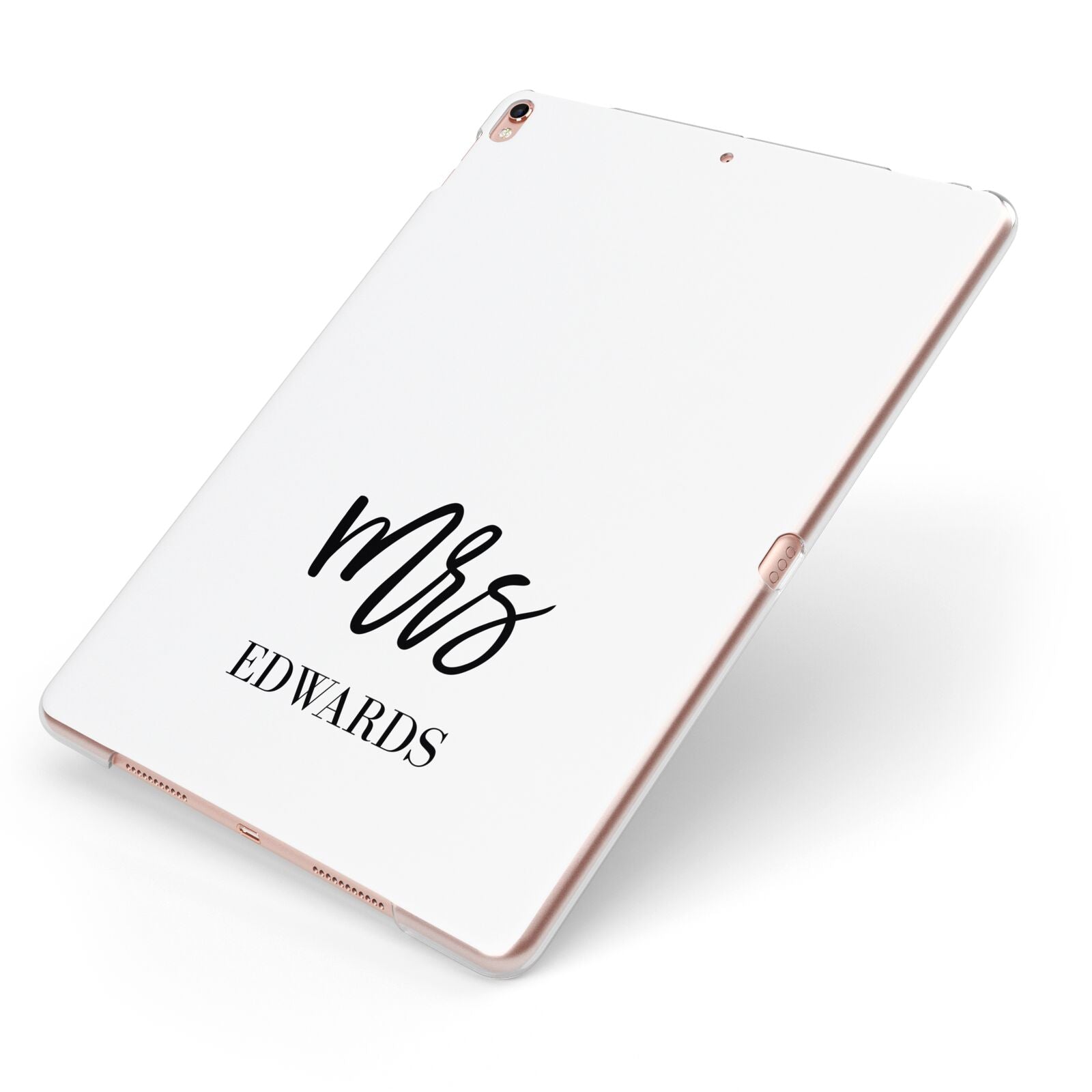 Custom Mrs Apple iPad Case on Rose Gold iPad Side View