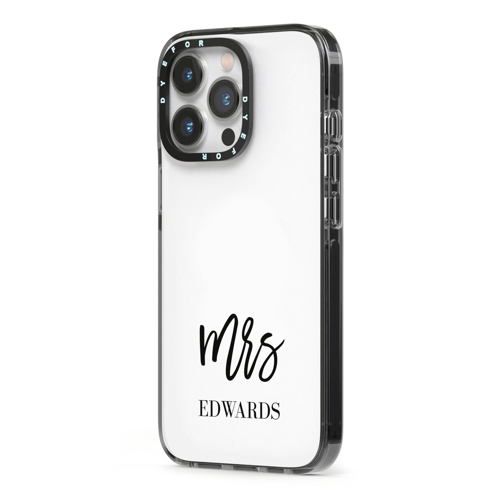 Custom Mrs iPhone 13 Pro Black Impact Case Side Angle on Silver phone