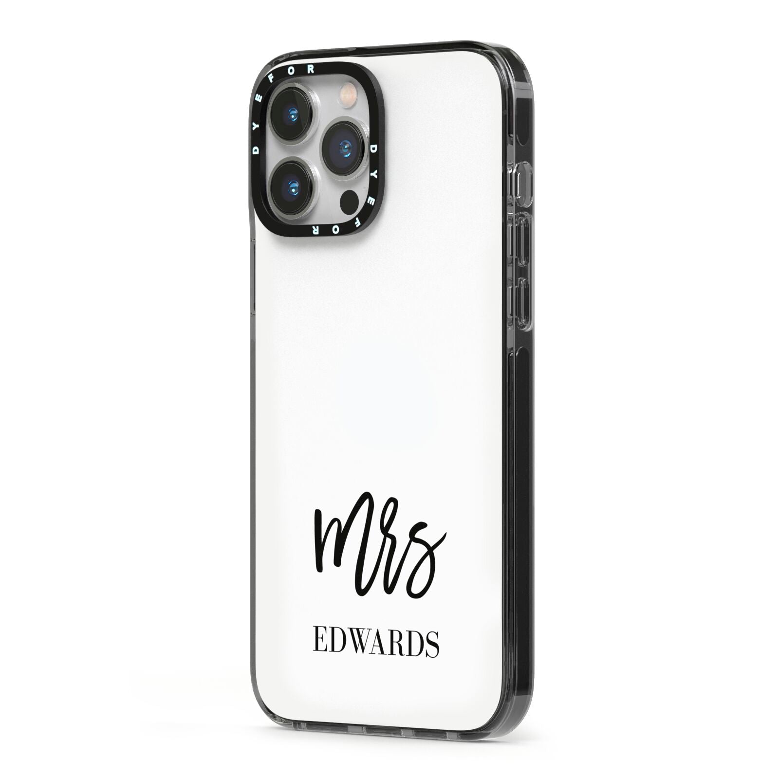 Custom Mrs iPhone 13 Pro Max Black Impact Case Side Angle on Silver phone