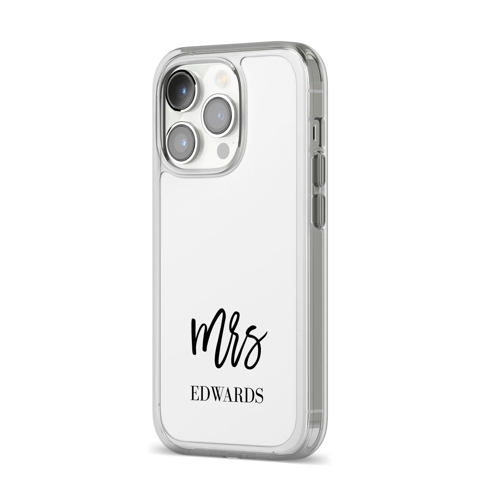 Custom Mrs iPhone 14 Pro Clear Tough Case Silver Angled Image