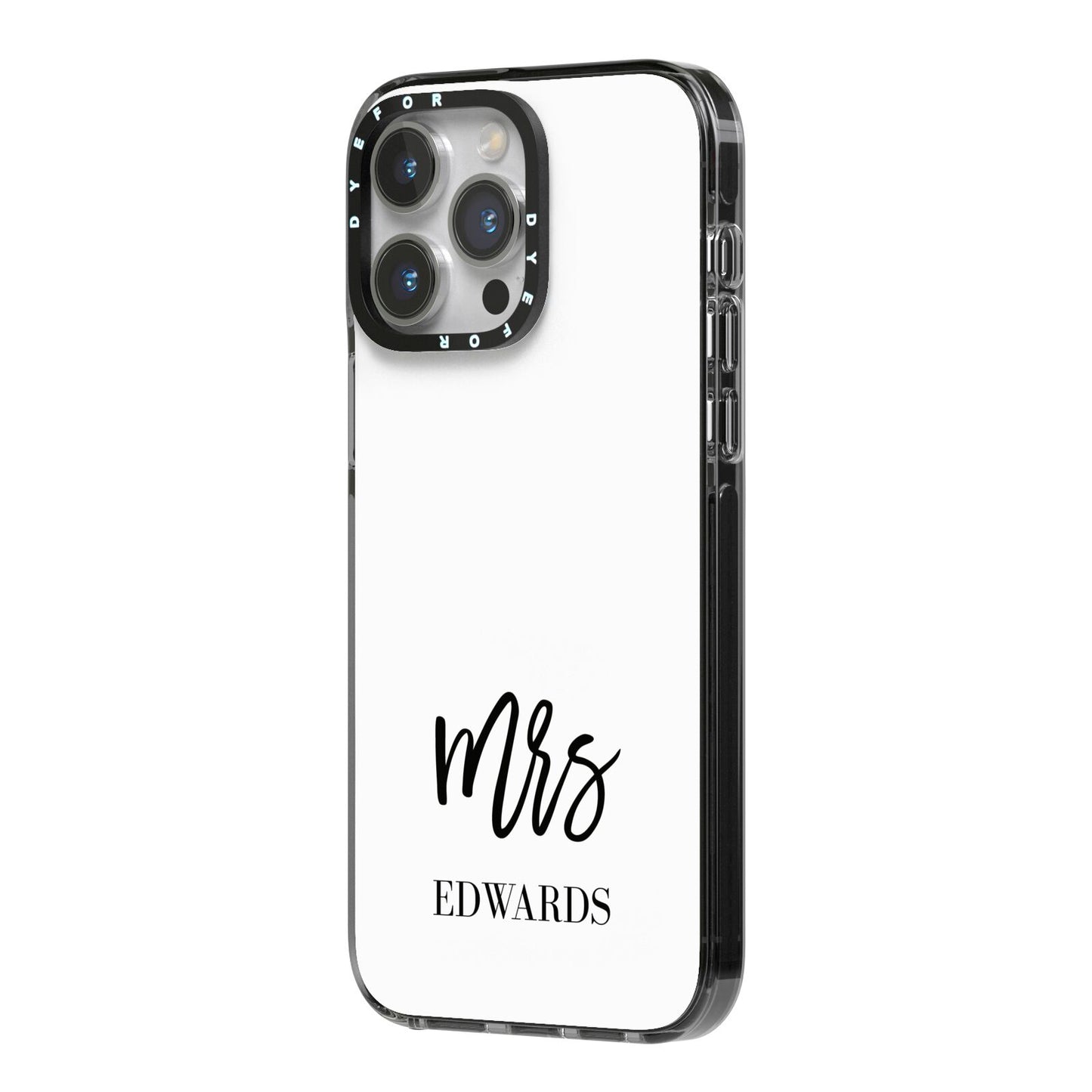 Custom Mrs iPhone 14 Pro Max Black Impact Case Side Angle on Silver phone