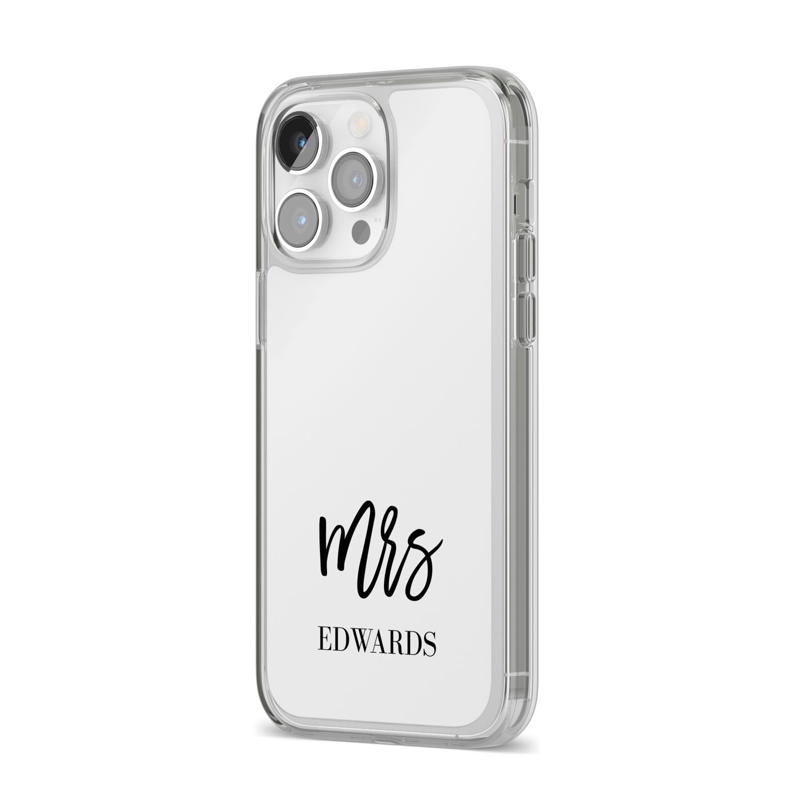 Custom Mrs iPhone 14 Pro Max Clear Tough Case Silver Angled Image