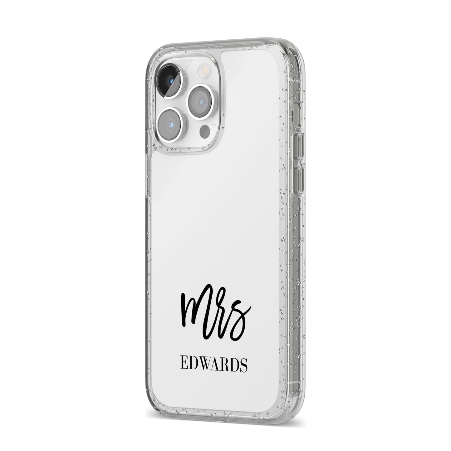 Custom Mrs iPhone 14 Pro Max Glitter Tough Case Silver Angled Image
