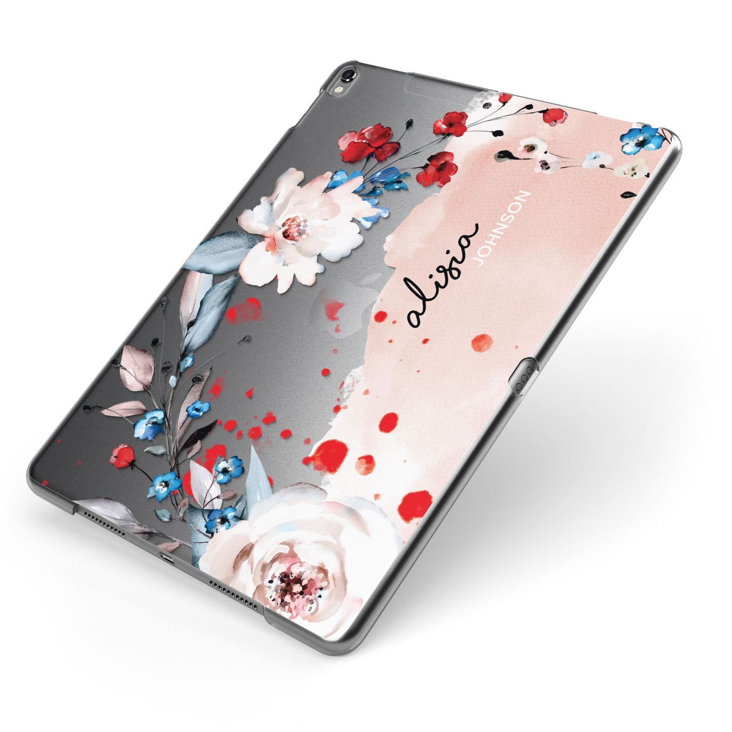 Custom Name Floral Bouquet Apple iPad Case on Grey iPad Side View