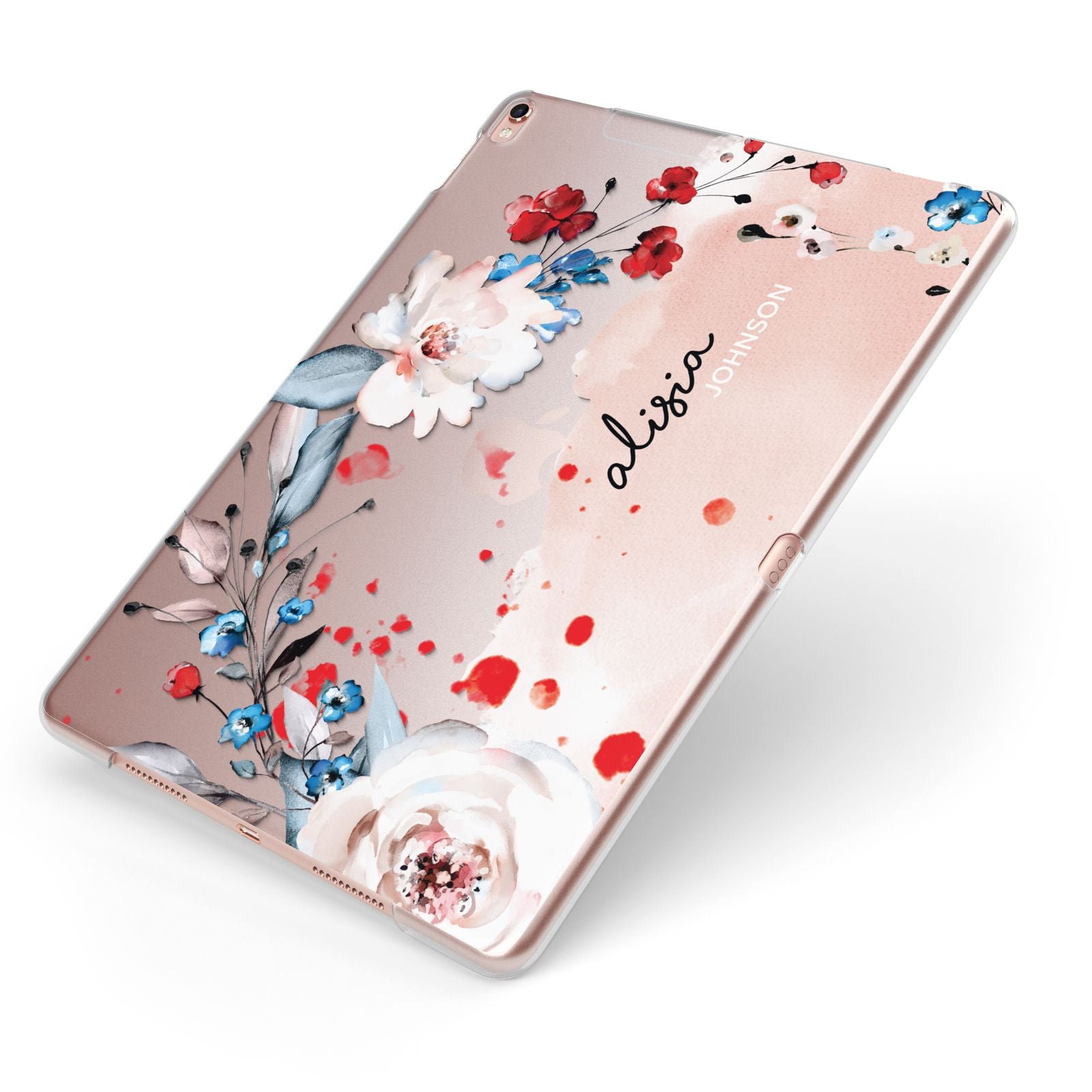 Custom Name Floral Bouquet Apple iPad Case on Rose Gold iPad Side View