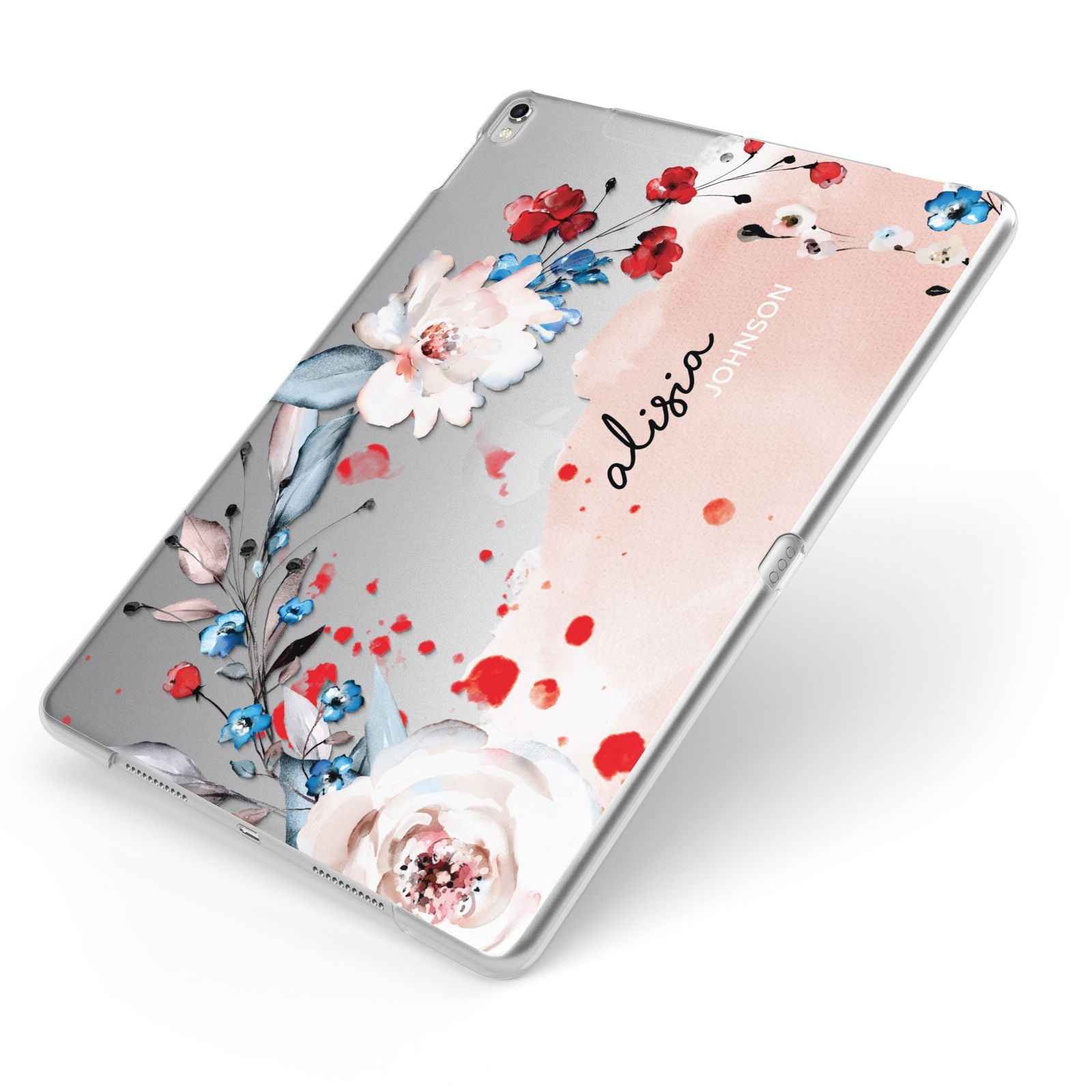 Custom Name Floral Bouquet Apple iPad Case on Silver iPad Side View