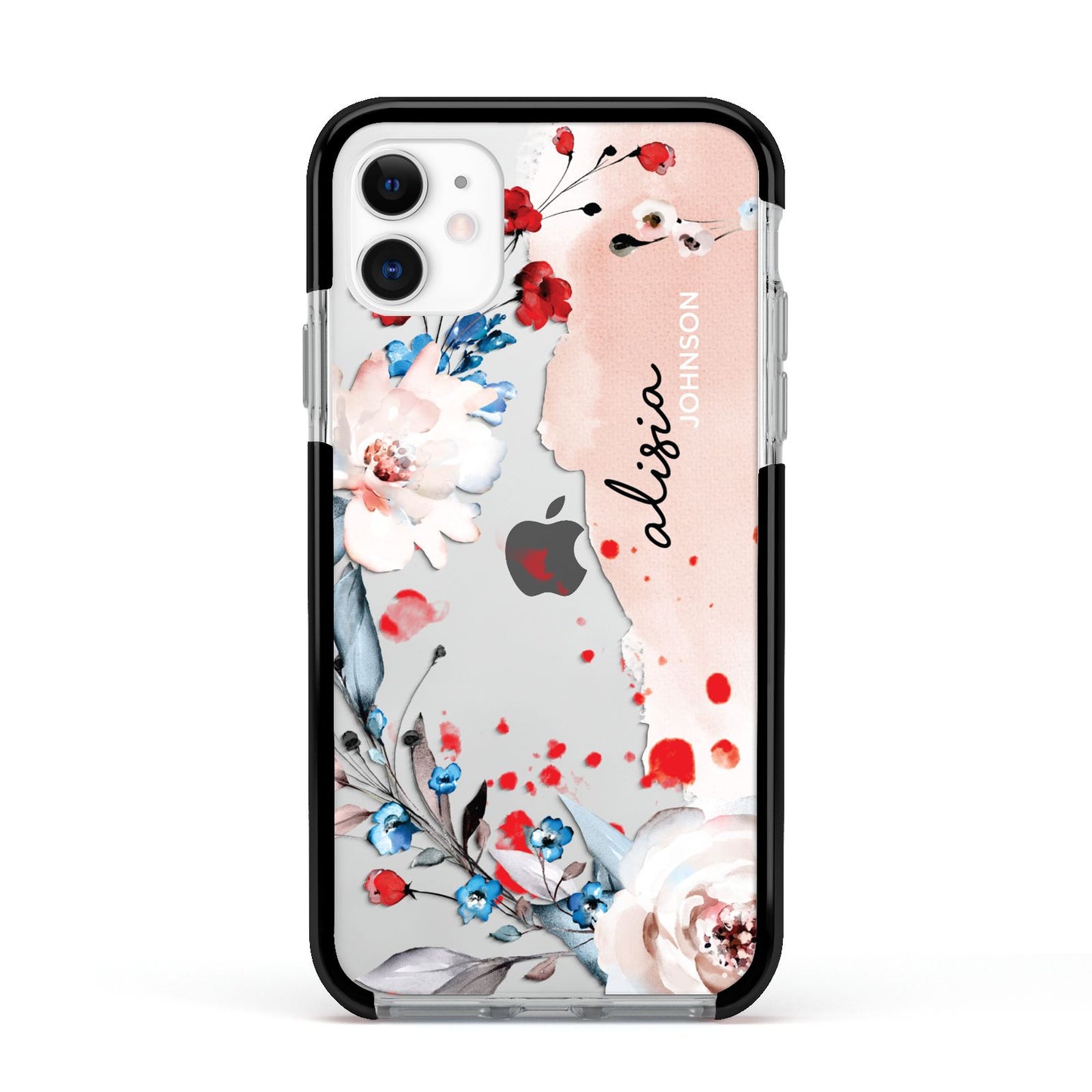 Custom Name Floral Bouquet Apple iPhone 11 in White with Black Impact Case