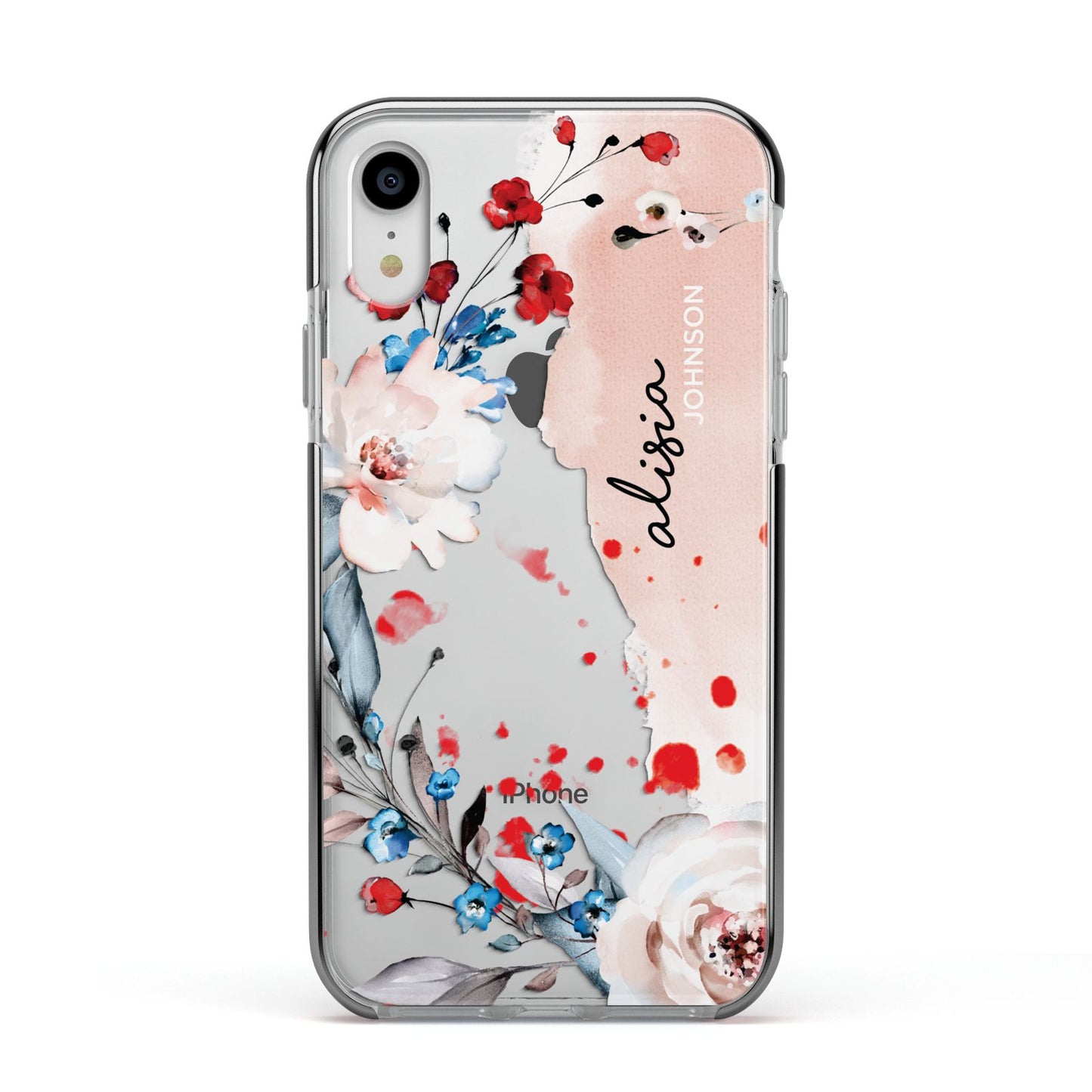 Custom Name Floral Bouquet Apple iPhone XR Impact Case Black Edge on Silver Phone