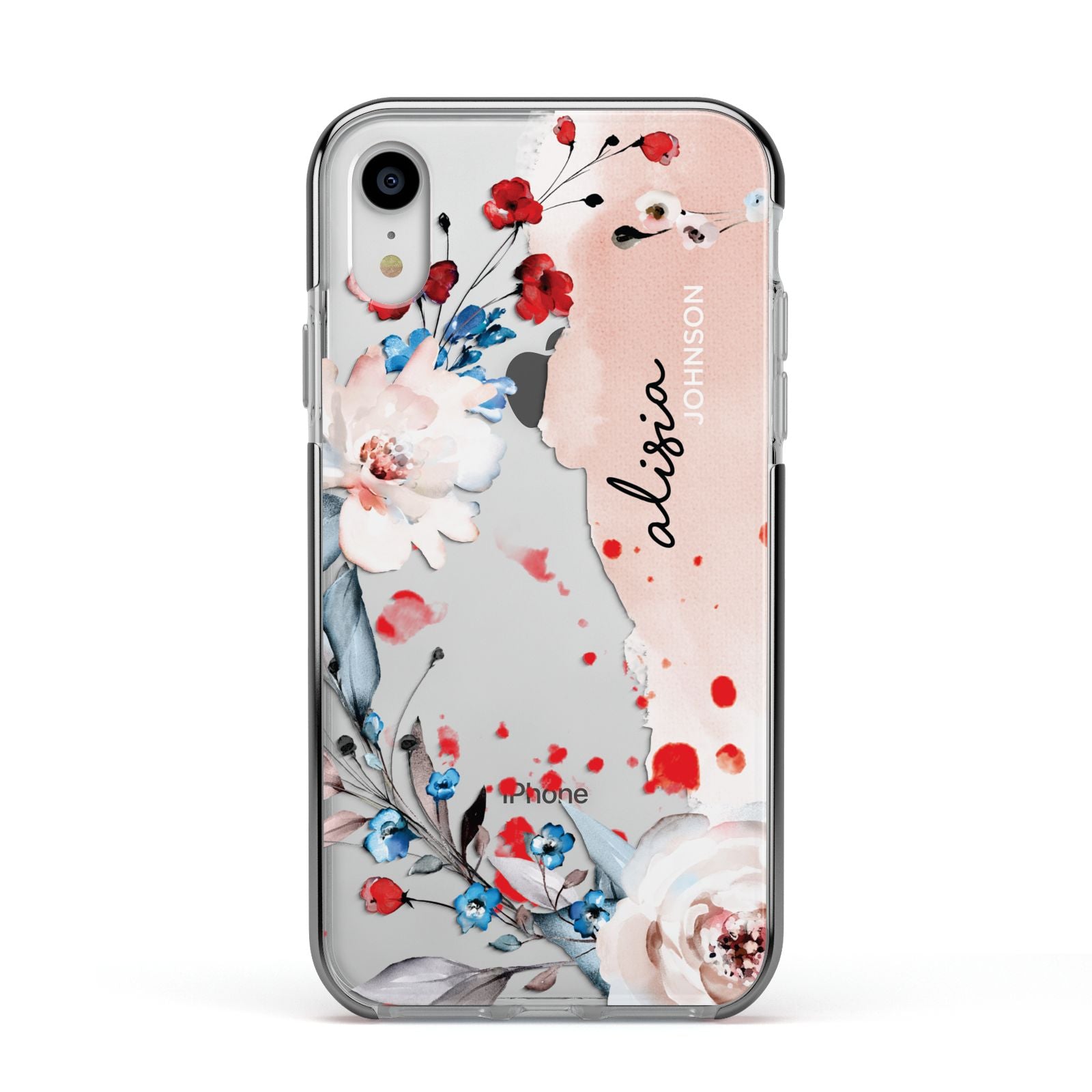 Custom Name Floral Bouquet Apple iPhone XR Impact Case Black Edge on Silver Phone